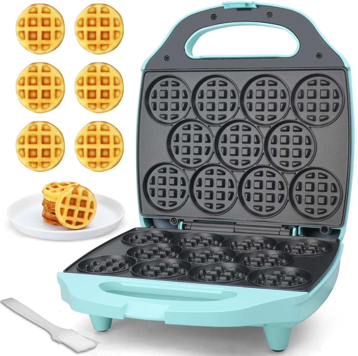 , Bite-Size Mini Waffle Maker for Kids & Adults, Small Waffle Maker Mini Belgian Waffle Machine, 11 X 2.2” Tiny Nonstick Waffles Iron, Recipe Included, Aqua