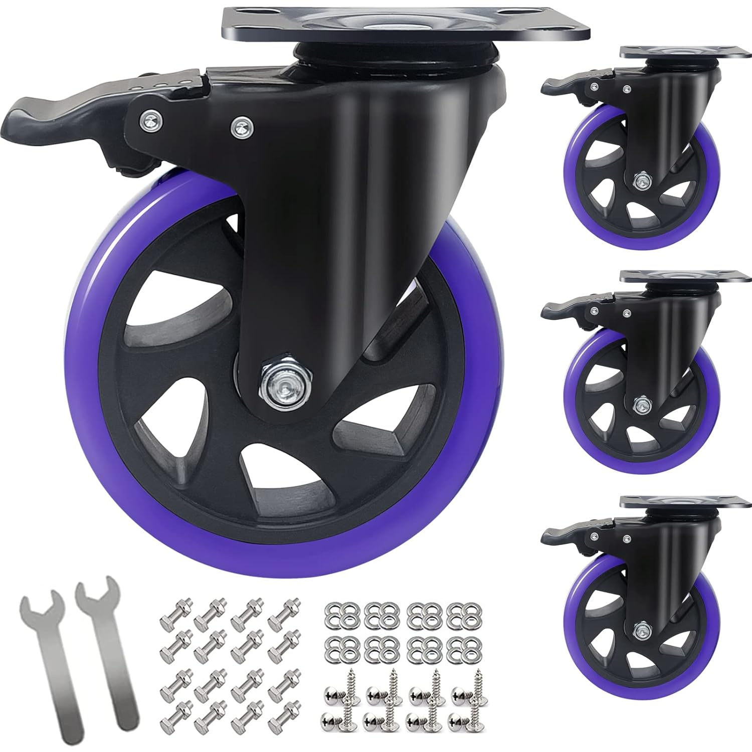 5 Inch Caster Wheels with Brake, Heavy Duty Casters Set of 4 2200Lbs, Swivel Casters with Double Ball Bearings, Dual Locking Casters,Wheels for Cart,Furniture,Cabinets,Workbench (Two Hardware Kits
