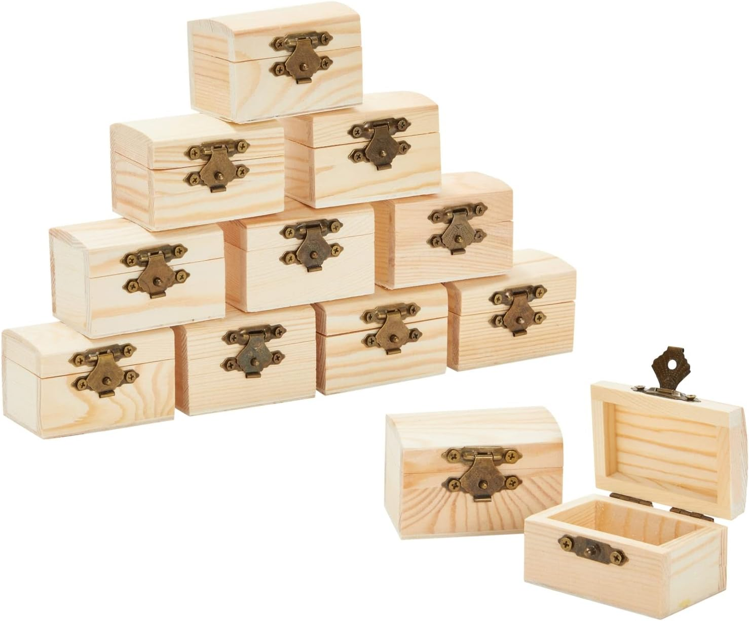 Wooden Treasure Chest with Curved Lid and Metal Clasp, DIY Unfinished Mini Keepsake Box, 5.8 X 3.8 X 3.8 Cm, 12 Pack