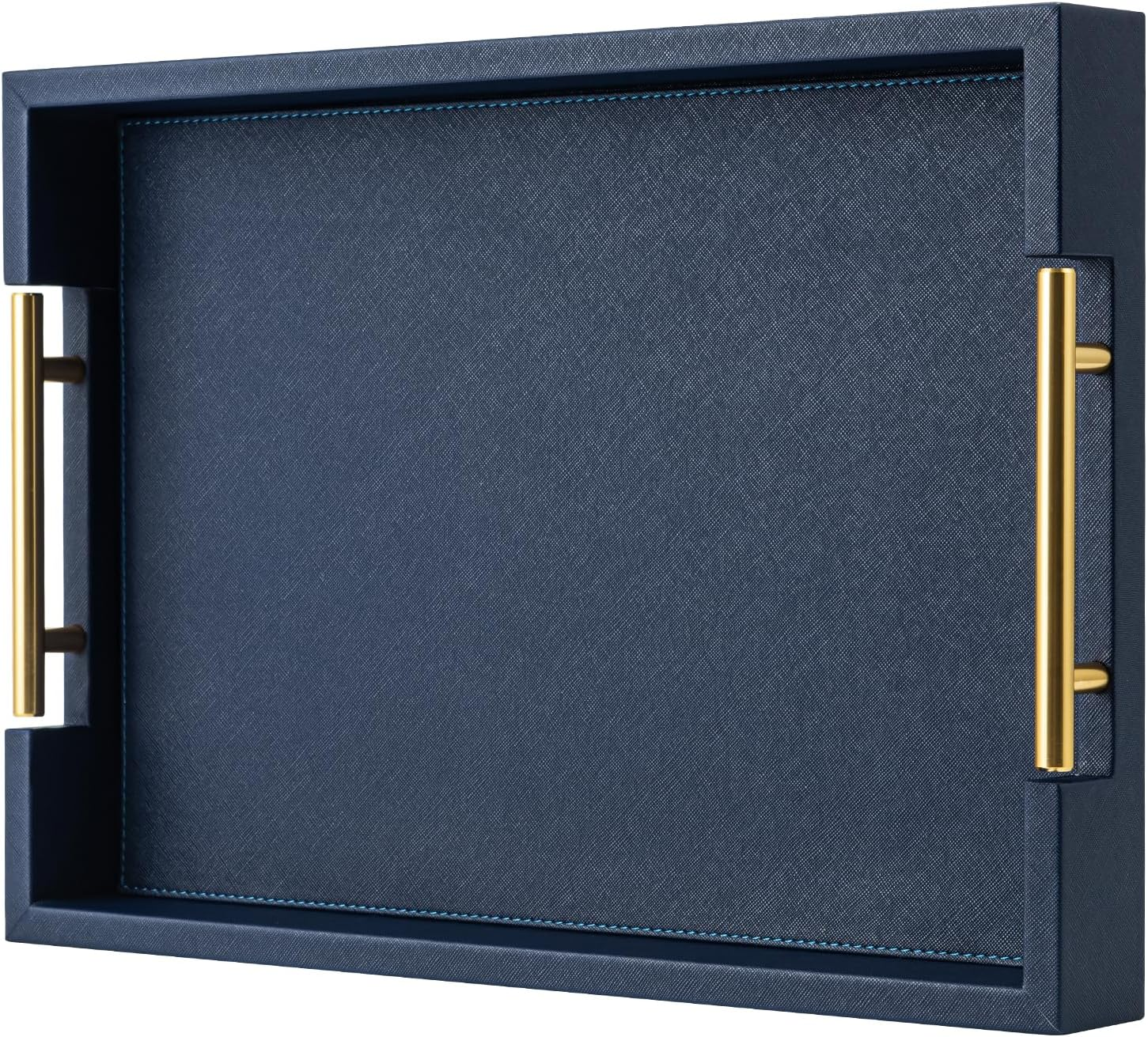 Navy Blue Faux Leather Serving Coffee Tray with Gold Handles,Rectangle Decorative Trays for Home Decor Large Ottoman Tray for Living Room
