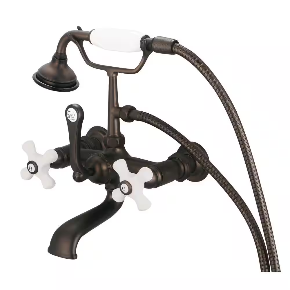 3-Handle Vintage Claw Foot Tub Faucet with Hand Shower and Porcelain Cross Handles in Oil Rubbed Bronze