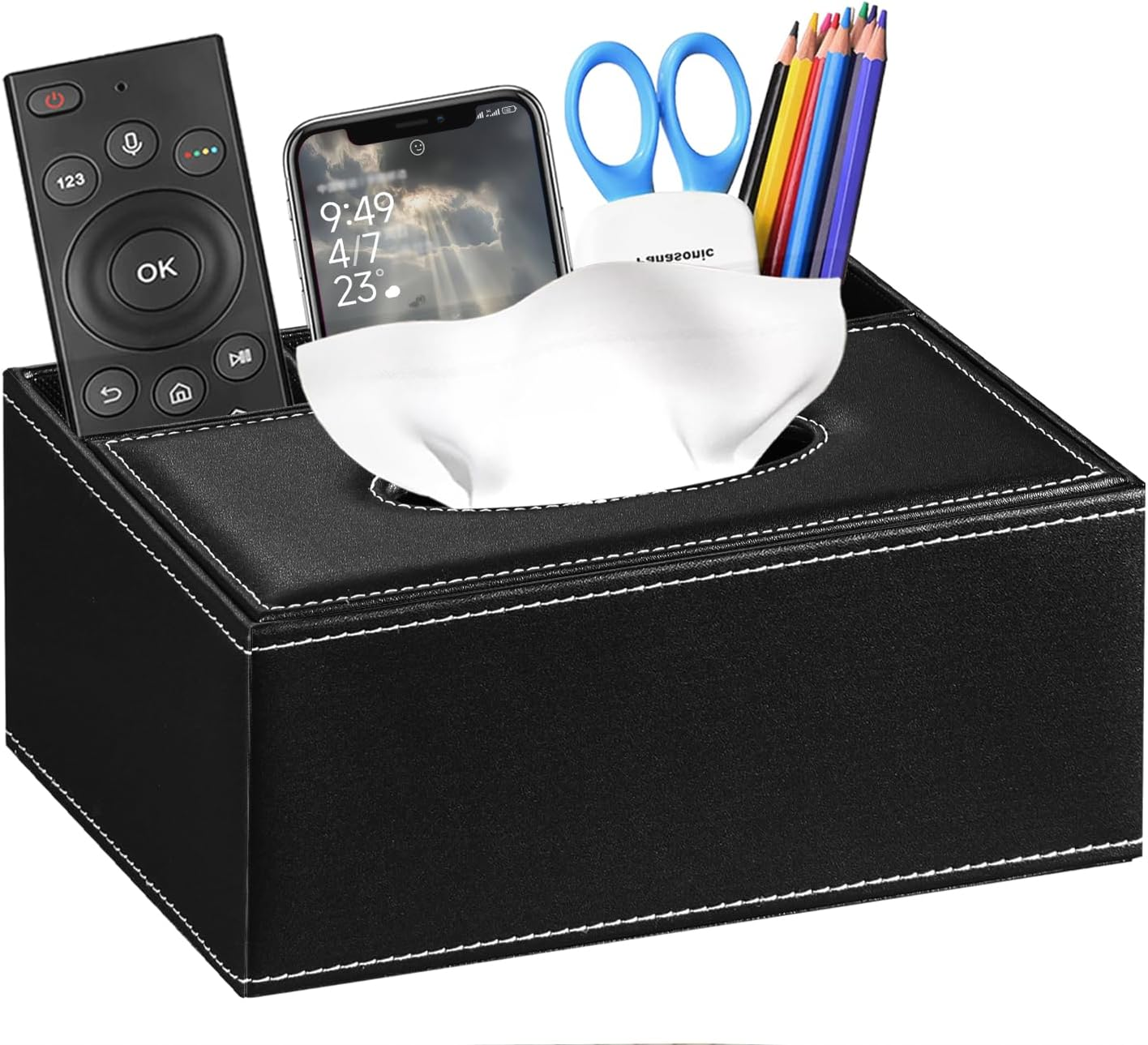 Leather Tissue Box Cover Rectangle,Compatible with Kleenex Box Covers,Facial Tissue Box Holder with Remote Control Holder,Decorative Nighstand Organizer,Tissue Dispenser for Bathroom Black