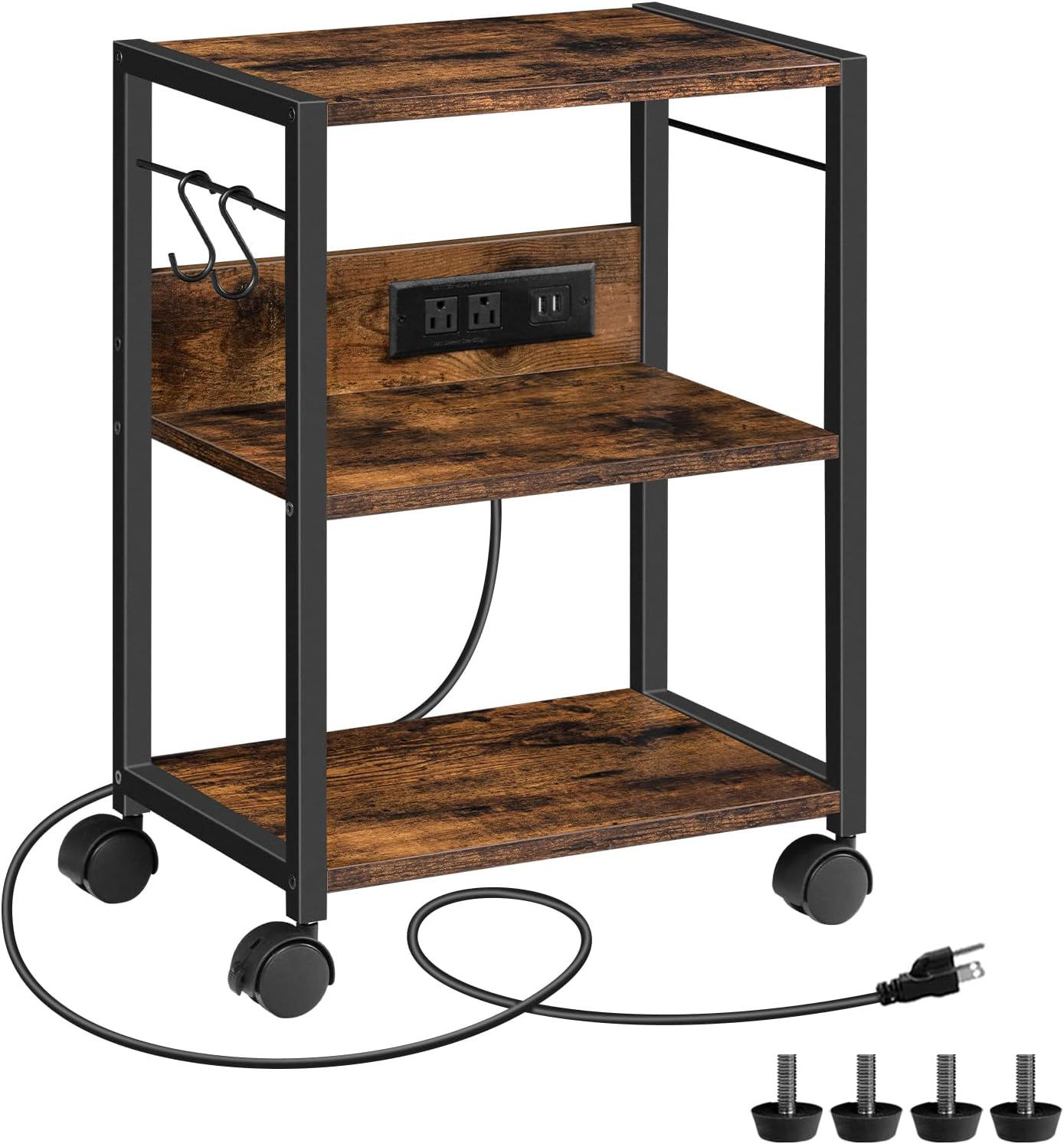 Industrial Printer Cart, 3-Tier Mobile Printer Stand, Rolling Cart with Power Outlets and USB Ports, Home Printer Stand with 2 Hooks, for Office, Living Room, Rustic Brown PTHR40E01Z