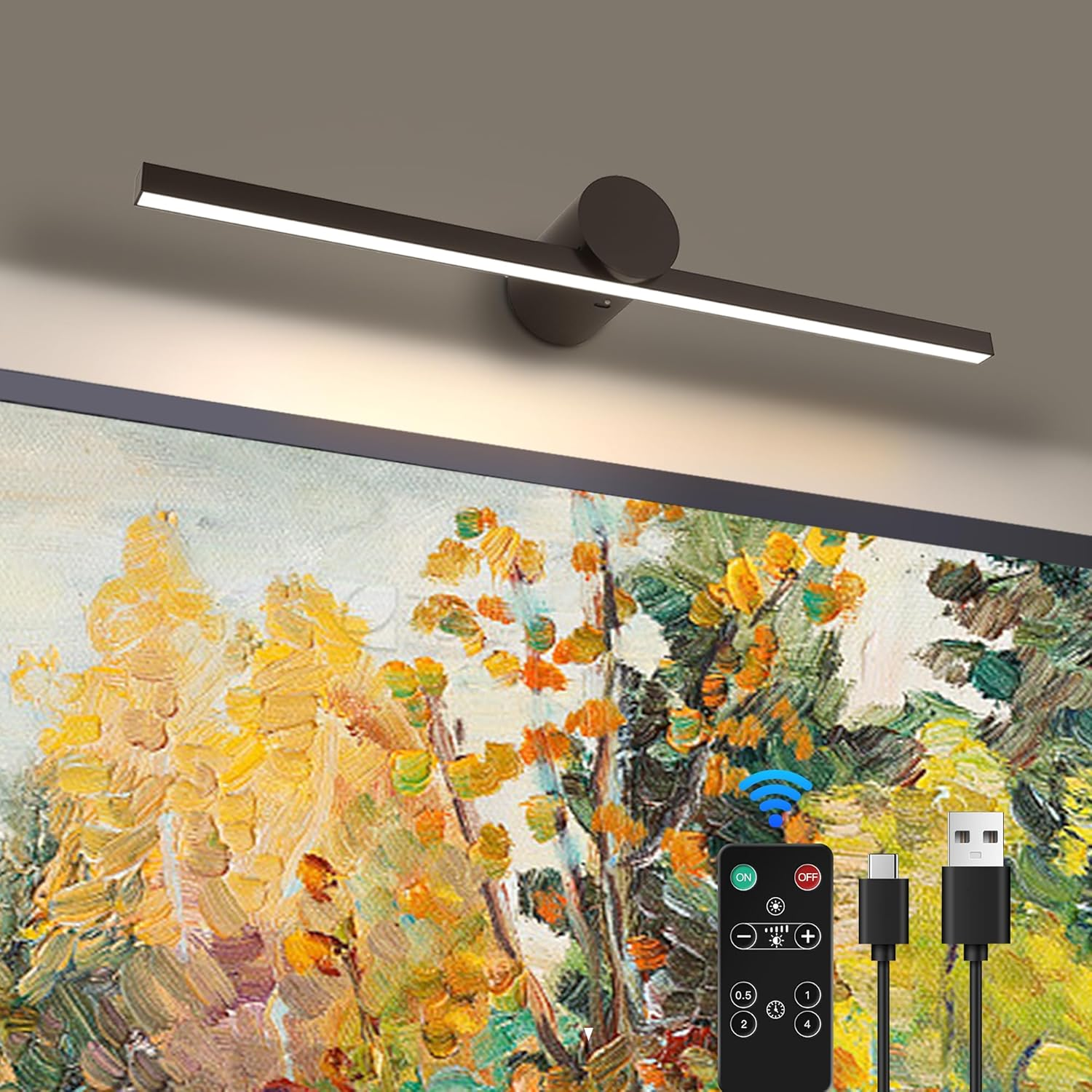 Zitostory Battery Operated Picture Light with Remote,Wireless Dimmable Art Lights for Paintings Rechargeable Gallery Light Artwork Lighting for Canvas, Portrait (Black,15.35'' Inch)