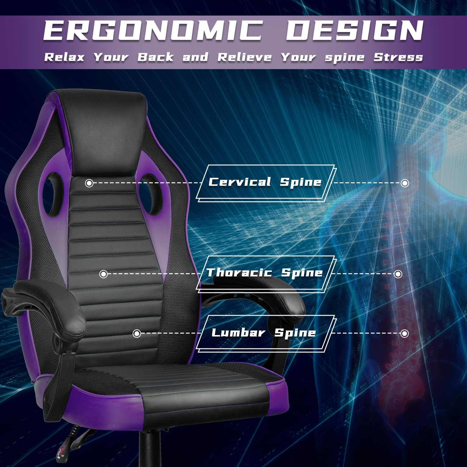 Ergonomic High-Back Gaming Chair for Adults and Teens, Comfortable Office Desk Chair with 350LBS Capacity, Recliner Racing Style in Purple