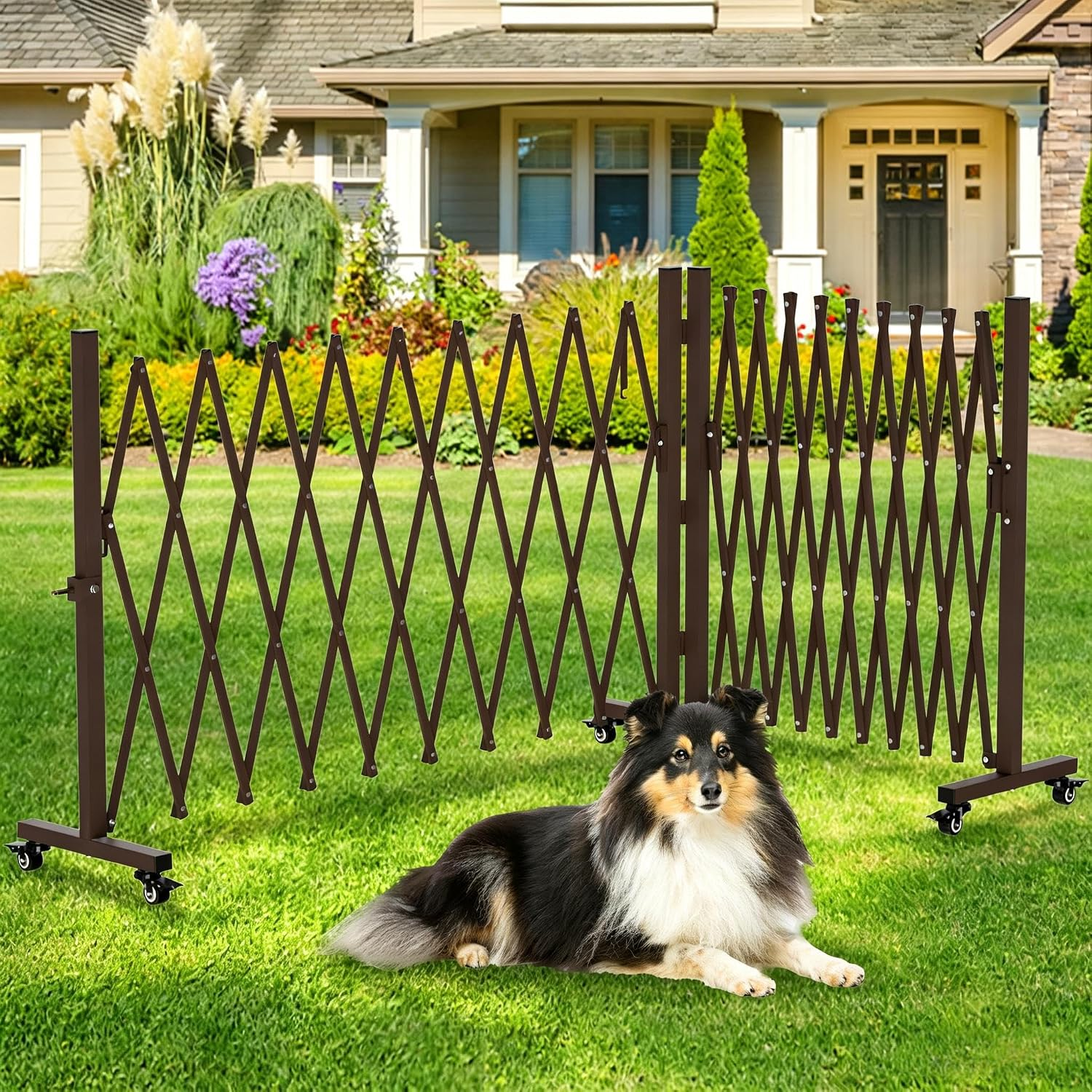 Expandable Driveway Gate, Portable Barricade Gate with Casters, Metal Folding Security Gate, 209" Wide Aluminum Expandable Garden Fence, Outdoor Dog Fence for Yard (Brown, 213)