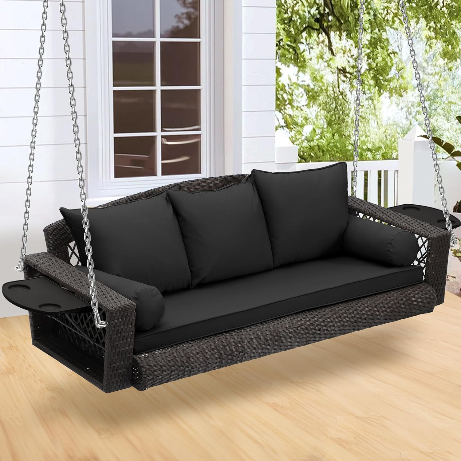 3-Person Hanging Porch Swing, Outdoor Wicker Swing Chair, 76 Inch Bench