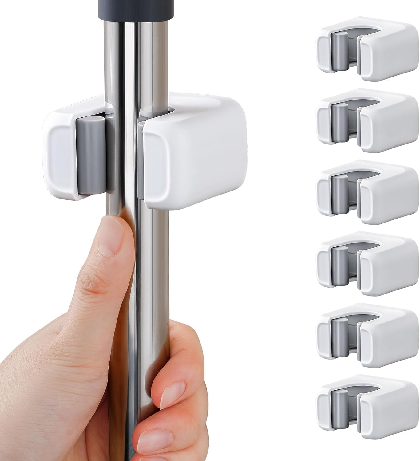 6 Pack Mop and Broom Holder Wall Mount, No Drill Needed Self Adhesive, Non-Slip Mop Grippers for Tile Walls - Kitchen, Bathroom, Garage（White）