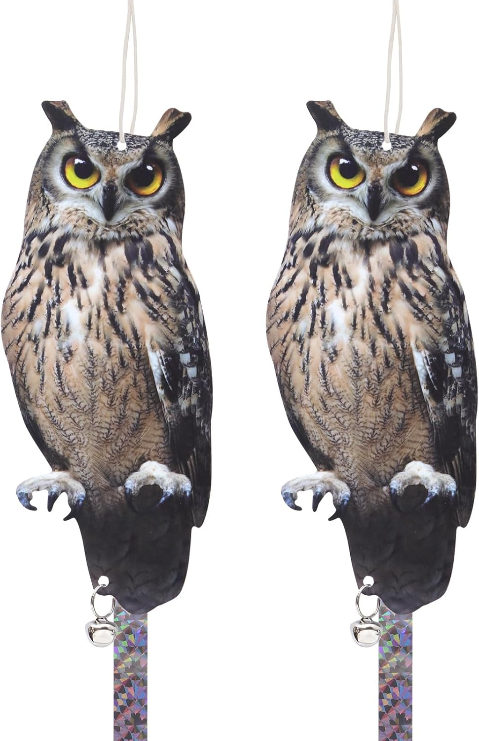 2Pack Reflective Fake Owls Hanging Decoration Garden Owls Scarer Devices with Reflective Tape to Keep Pigeon from Windows Tree