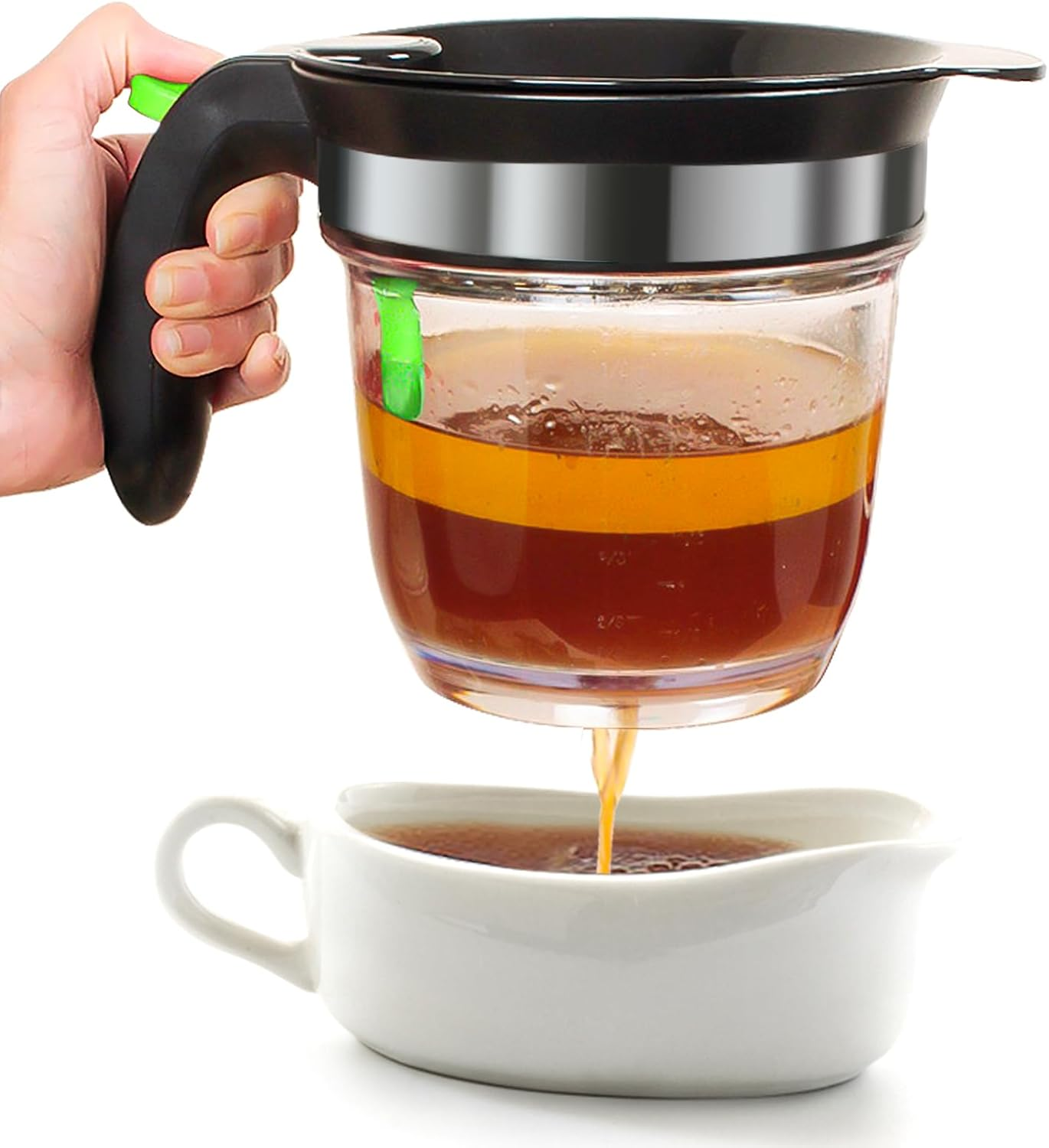 Fat Separator With Bottom Release, 4 Cup Gravy Separator for Cooking with Oil Strainer, Kitchen Gadgets Grease Separator Packaged with a 3-in-1 Multifunctional Peeler (Green)