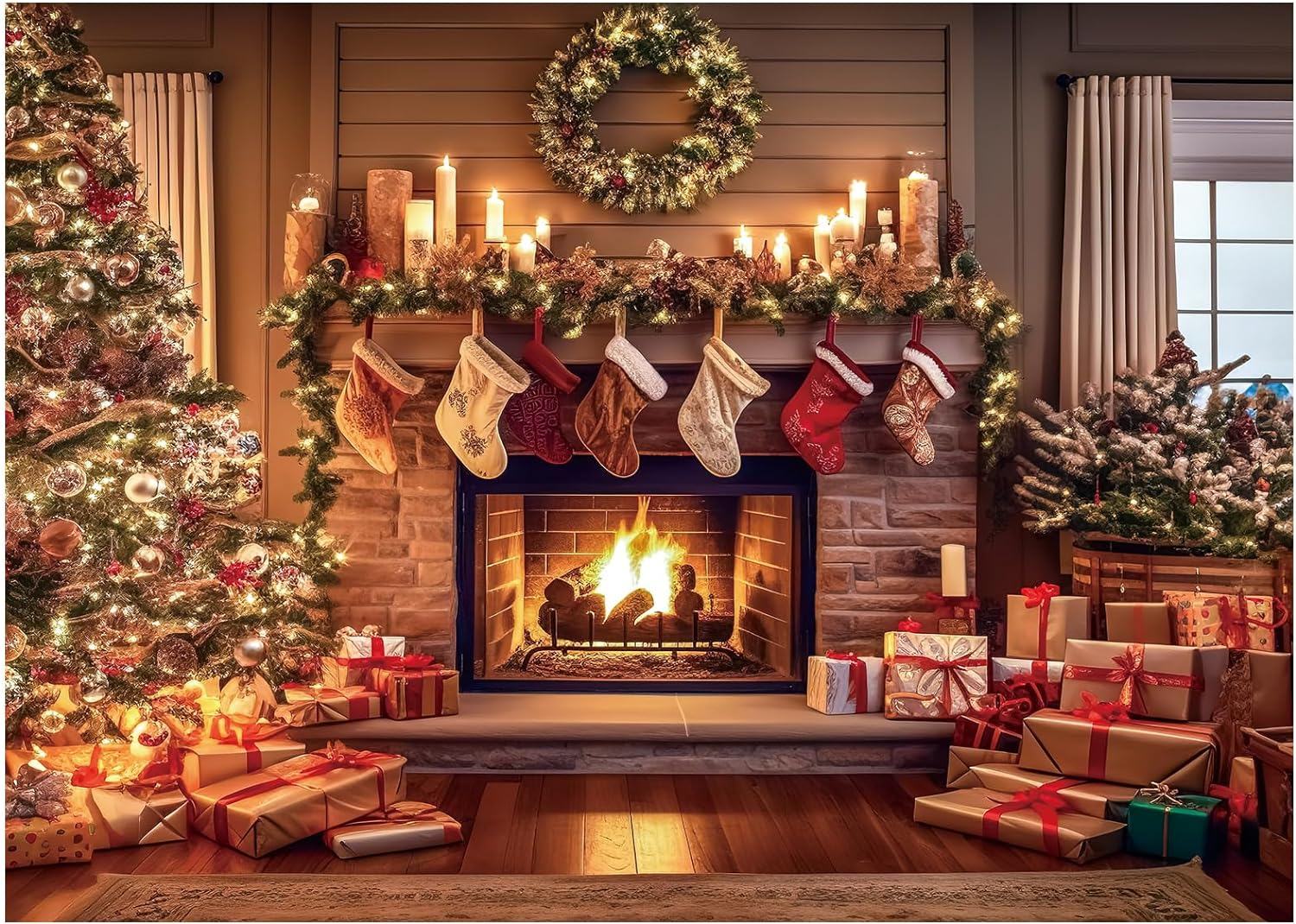 Christmas Fireplace Backdrop 10 x 8 ft Xmas Tree Stocking Polyester Photo