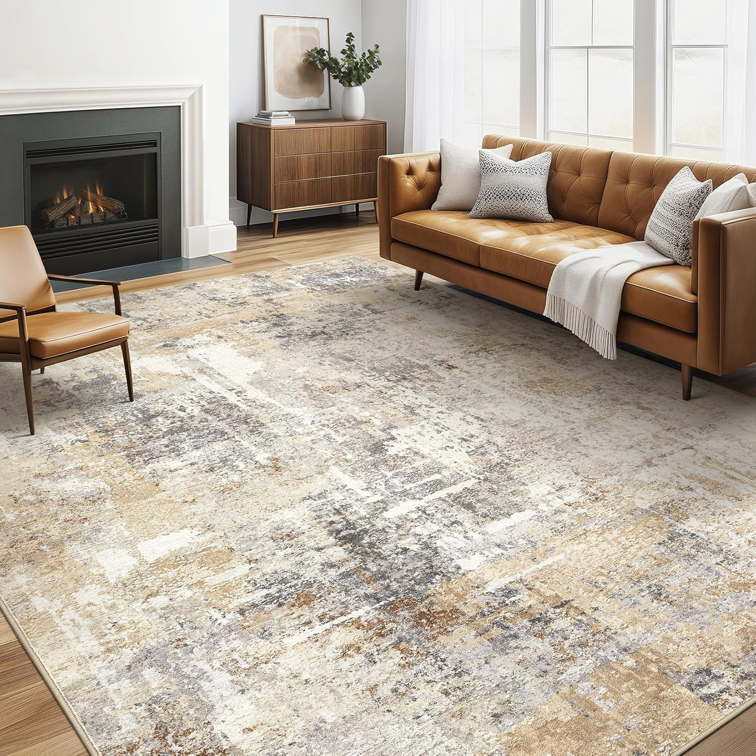 Area Rug Living Room Rugs: 5X7 Washable Large Abstract Modern Soft Stain Resistant Indoor Floor Non Slip Accent Carpet for Bedroom Nursery Playroom Dining Room Office Dorm Home House- Gray Gold