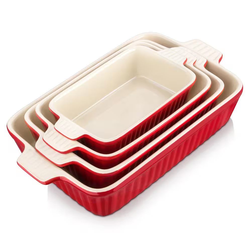 4-Piece Rectangle Porcelain Bakeware Set Red and Beige Baking Dishes (9.4 In. /11.1 In. /12.2 In. /14.7 In.) Baking Tray