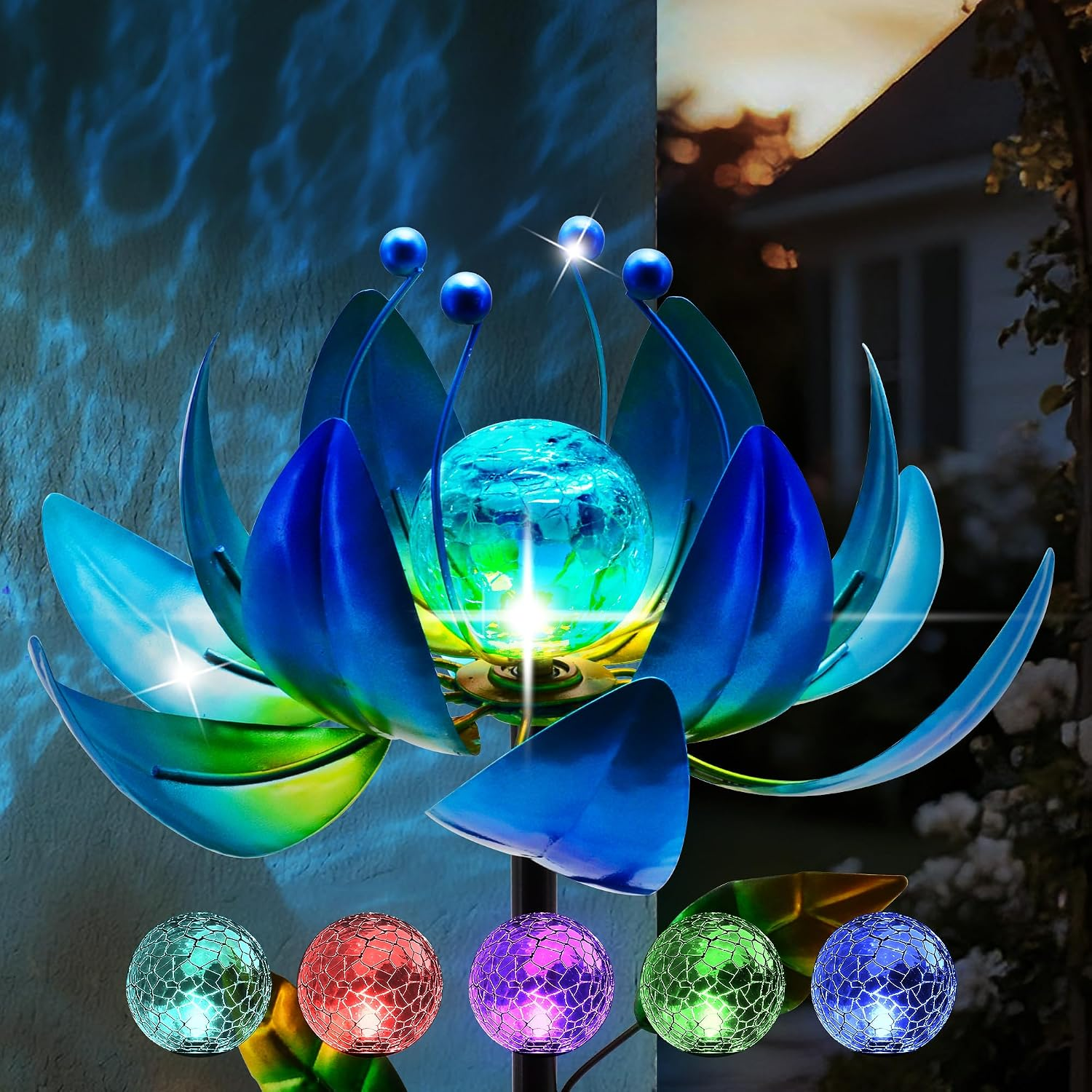 Solar Wind Spinners Outdoor, Blue Lotus Flower Garden Spinner with Cracked Glass Ball & Color-Changing Leds, 40 Inch Metal Garden Decor for Yard, Patio Backyard Lawn Decorations