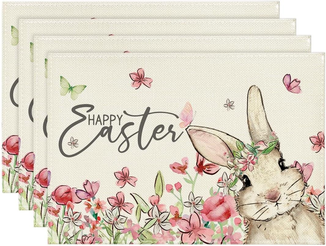 Floral Bunny Easter Placemats Set of 4 12x18 Inch Spring Table Mats Decor