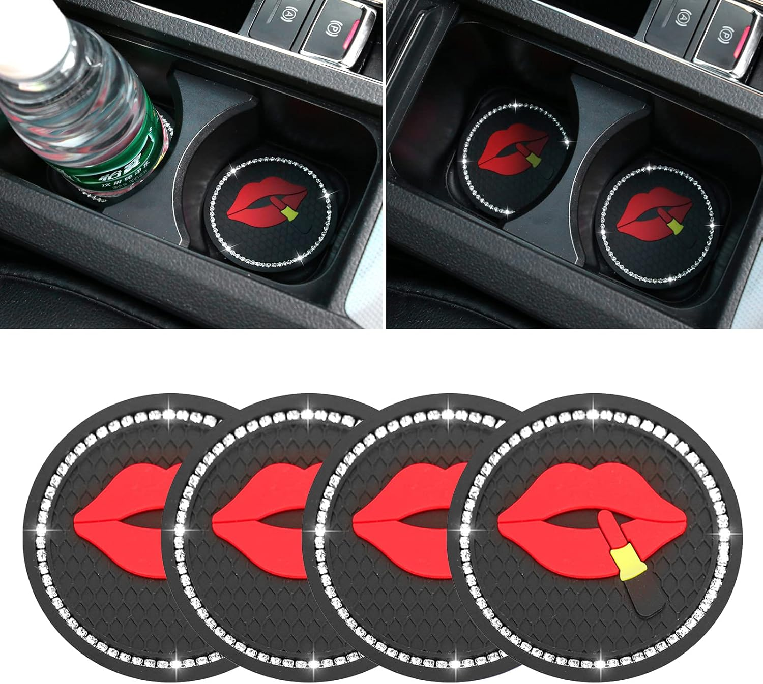 4 Pack Bling Car Coasters, 2.75 Inch Bling Crystal Rhinestone Diamond Soft Rubber Pad Set round Auto Cup Holder Insert Drink Coaster Car Interior Accessories (Red Lip)