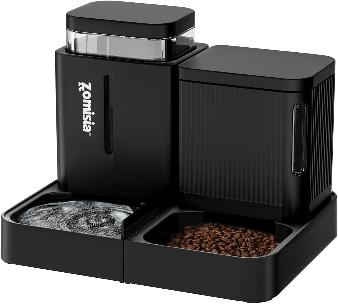 Automatic Cat Feeder and Water Dispenser Set, 2 in 1 Gravity Cat Food Dispenser with 180 Degree Rotatable, Pet Self Feeding Large Capacity for Small Dogs Puppy Kitten, Black, 0.8 Gallon X 2