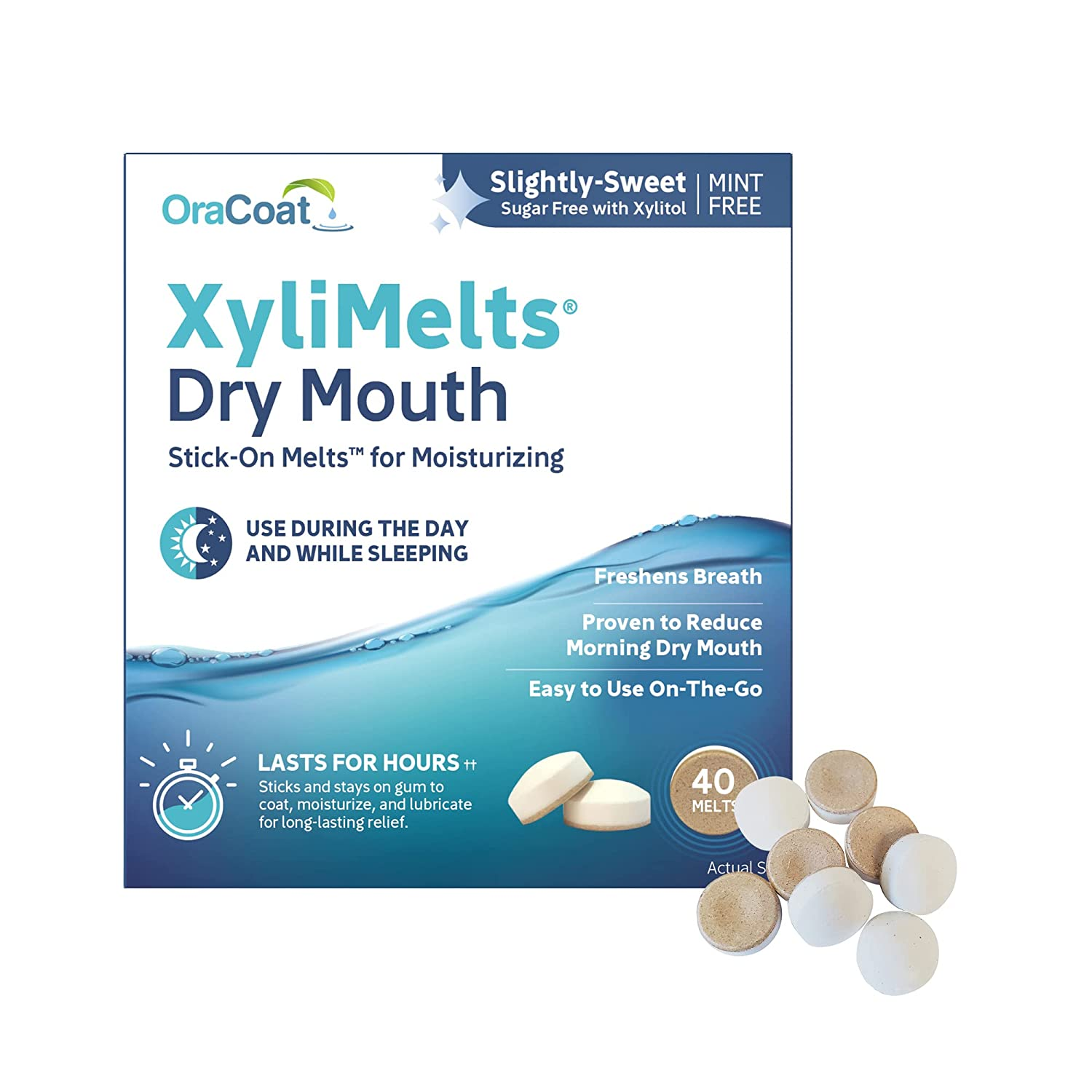 Oracoat Xylimelts for Dry Mouth Night Time or Day - Moisturizing Dry Mouth Adhering Discs, Sugar Free with Xylitol, 40 Count, Slightly-Sweet Flavor, 8-Hour Relief