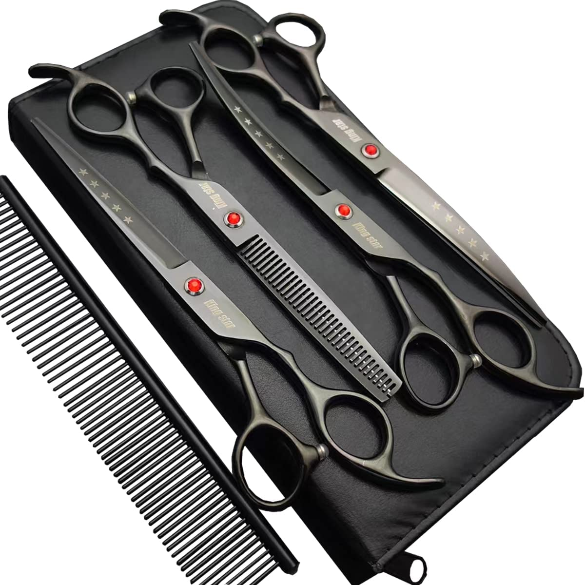 7.0In Titanium Professional Dog Grooming Scissors Set,Straight & Thinning & Curved Scissors 4Pcs Set for Dog Grooming Bright Black with Comb