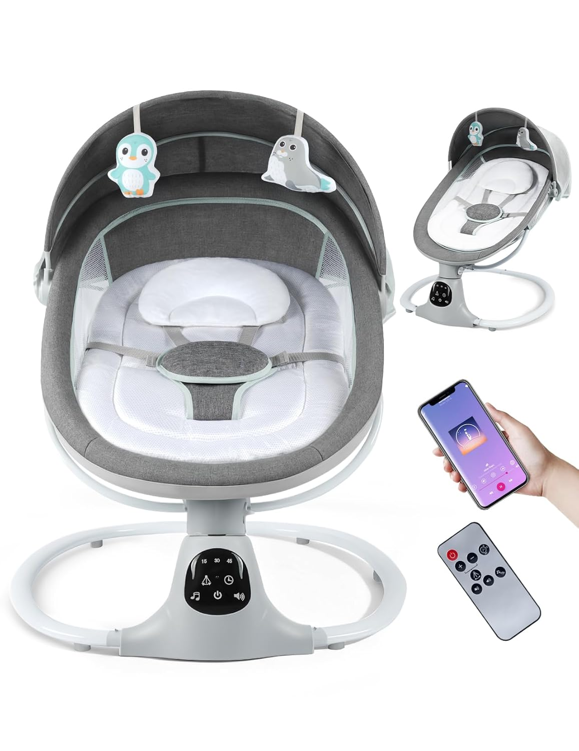 Electric Baby Swing for Infants to Toddler, Portable Swing Rocker with 5 Point Harness, 5 Sway Speed, Bluetooth,12 Preset Lullabies with Remote Control, Infant Swing for Baby Boys & Girls, Grey