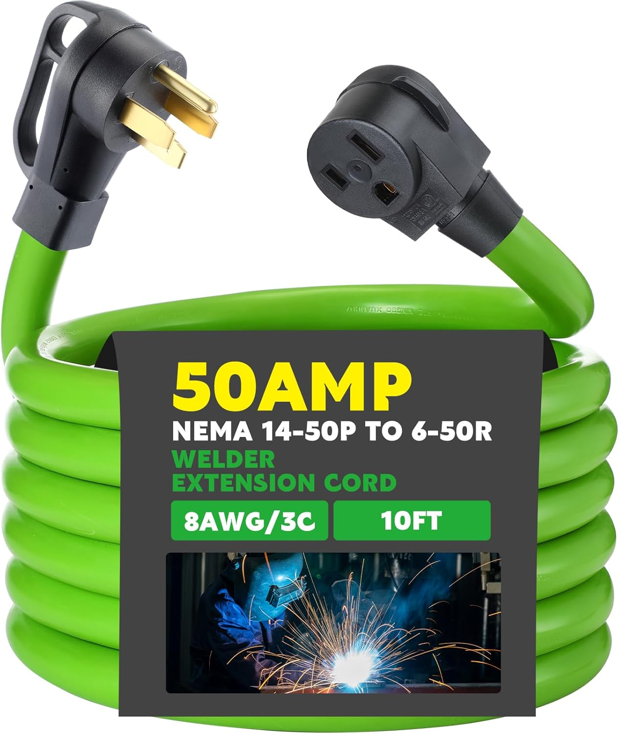 8AWG 50Amp Welder Extension Cord Compatible with NEMA 14-50P to 6-50R, 4 Prong to 3 Prong Power Extension Cord with Handle for Generator or RV Welder, 50 Amp 250V 12500 Watt(10 Feet)