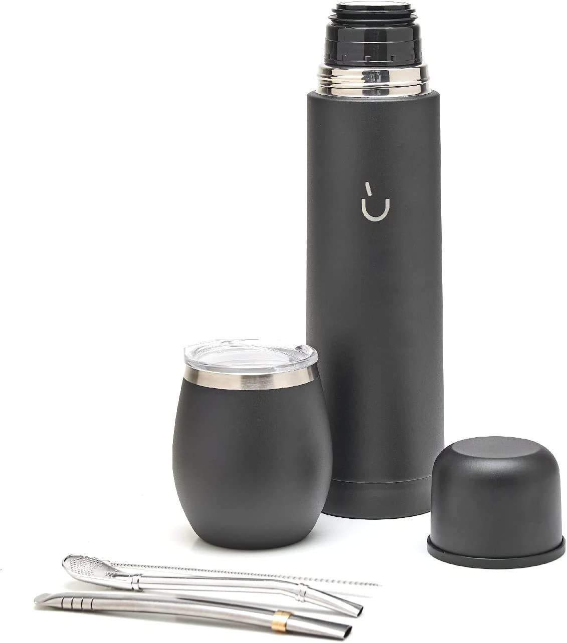 Complete Yerba Mate Set - Modern Mate Gourd, Thermos, Bombilla and Cleaning Brush Included - All Premium Quality 304 18/8 Stainless Steel (Solid Black)