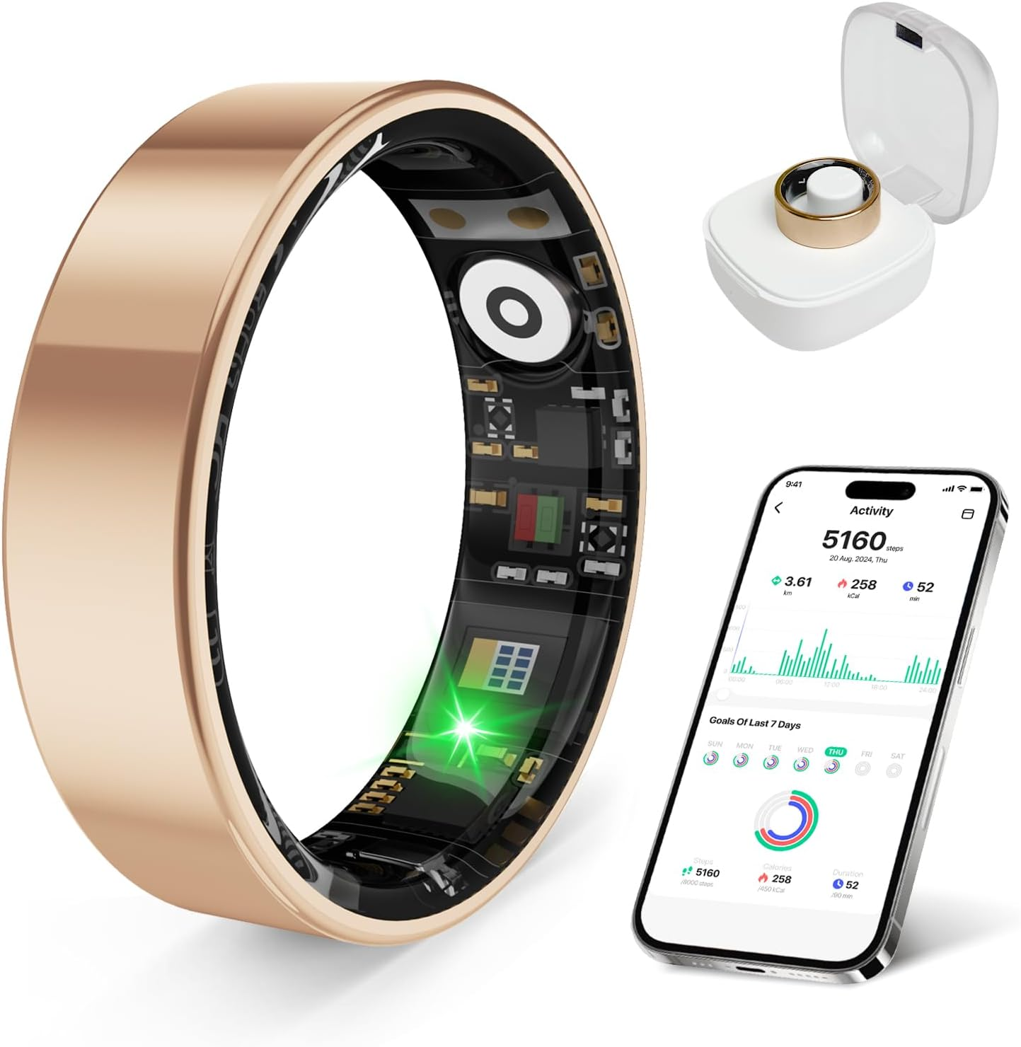 Smart Health Ring, Featuring Stress and Sleep Monitoring Functions, Compatible with Ios and Android,Waterproof Fitness Tracker for Women & Men, No Subscription Fee.(Rose Gold, 8)