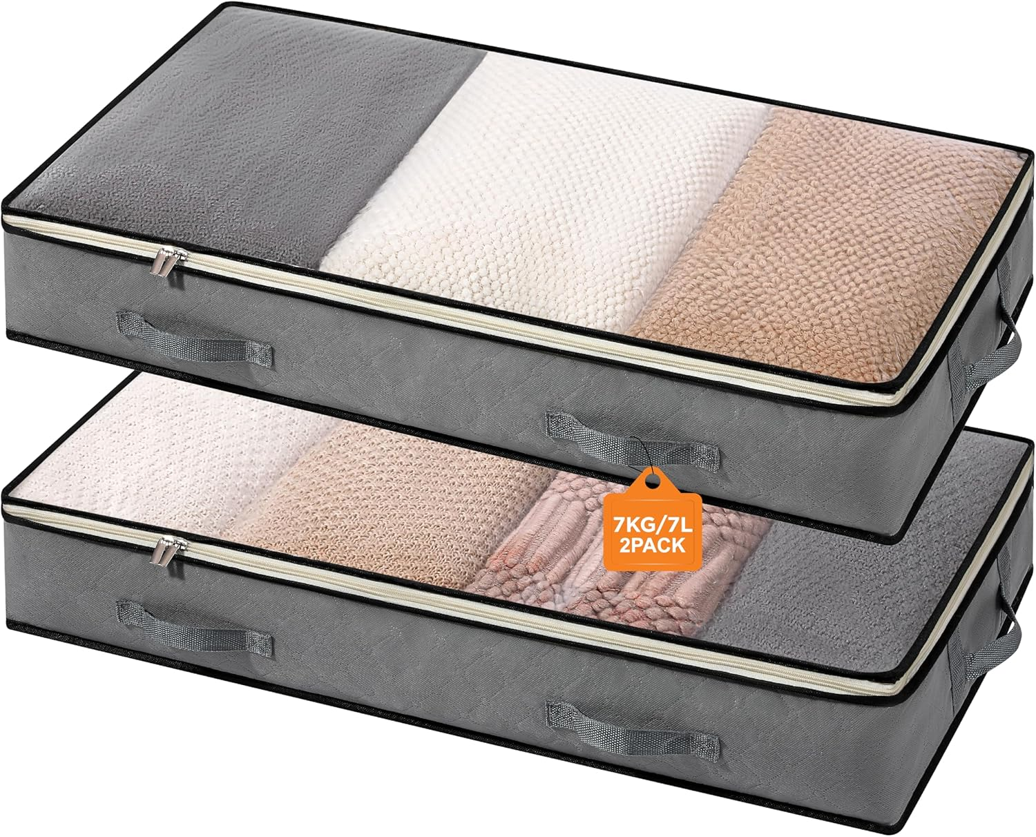 under Bed Storage Containers - Foldable Closet Organizer with Clear Top, Sturdy Handles - 7L Capacity Storage Box for Clothing, Comforter, Blanket, and Shoe - 2 Pack, Soft-Sided, Gray