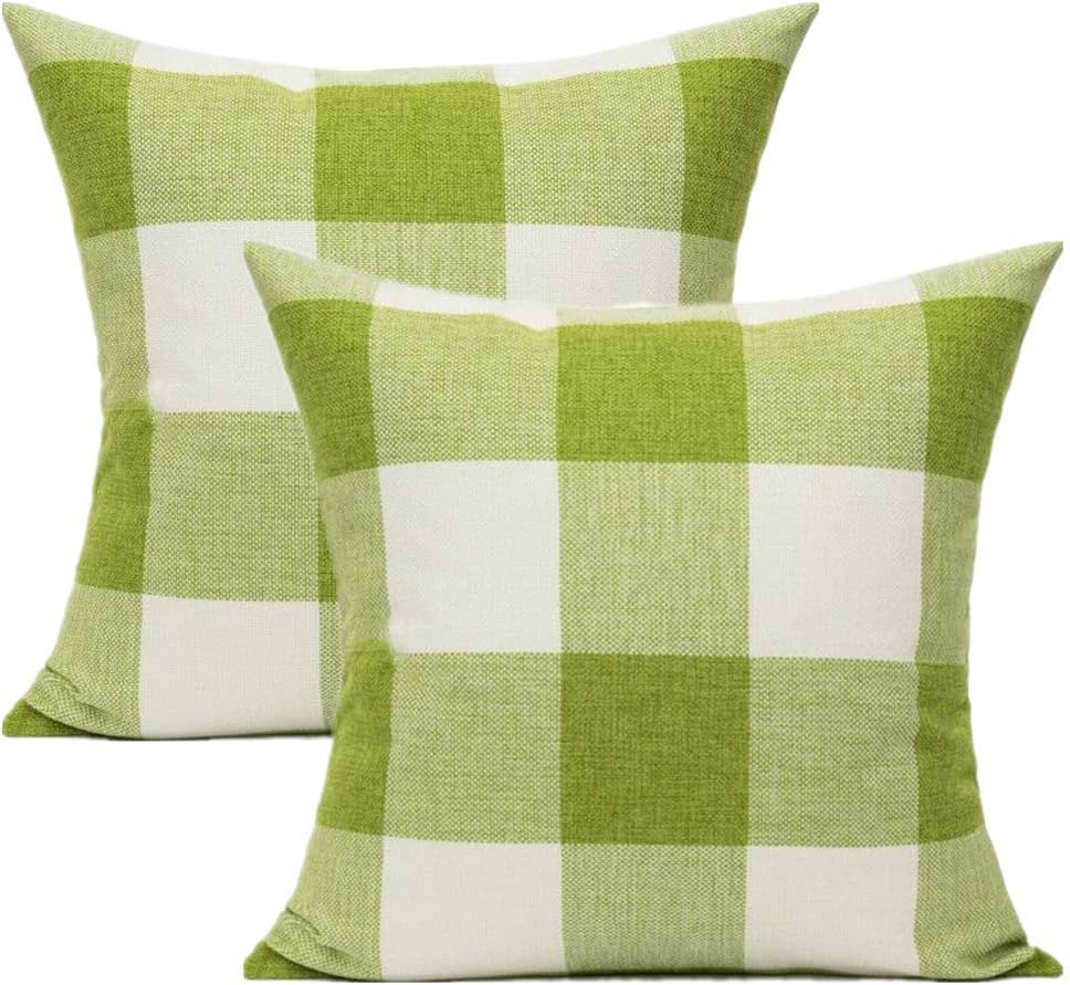 Outdoor Green Throw Pillow Covers 18X18 Set of 2 Buffalo Plaids Check Spring Front Porch Decorative Gingham Cushion Cases Home Decor Farmhouse Rustic for Patio Furniture Couch Bed Sofa,Sage Grass
