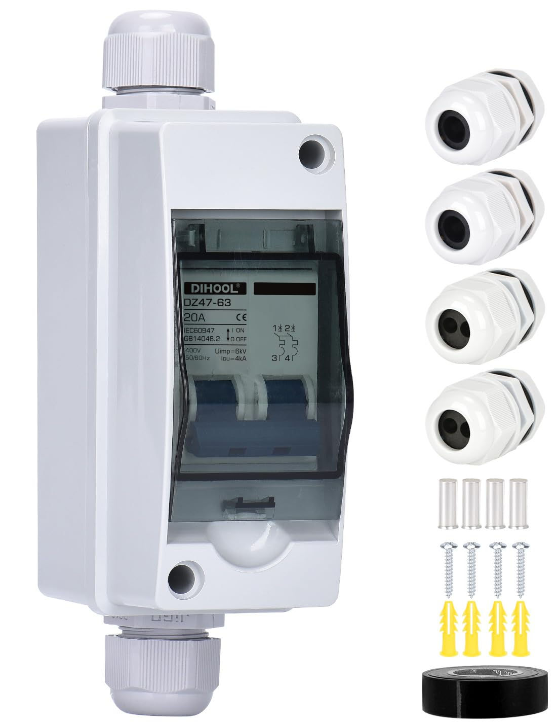 AC Miniature Circuit Breaker,240V 20A MCB Type C Double Pole with IP65 Waterproof Box