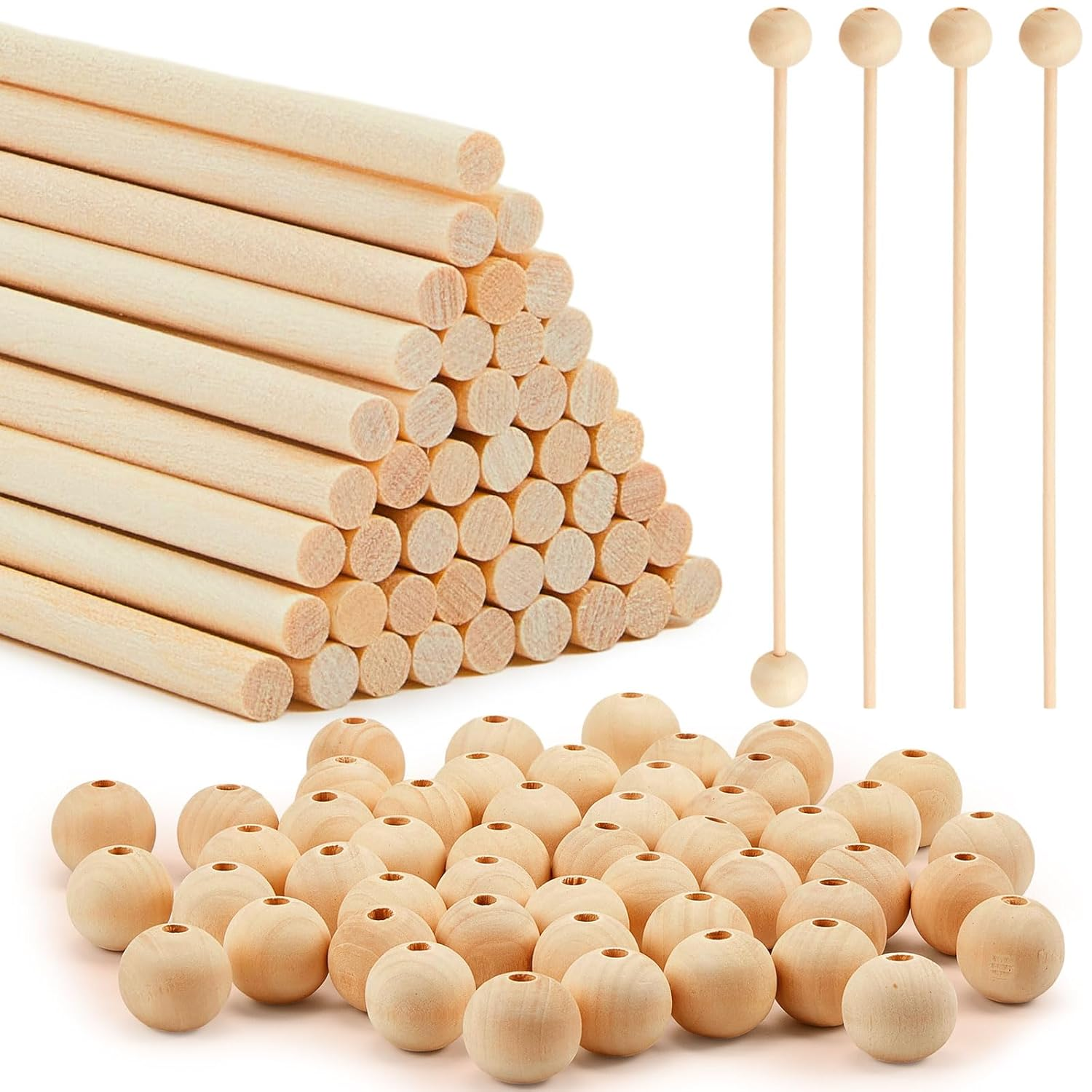 50 Pcs Wooden Dowel Rods and 50 Pcs Dowel Caps, 12