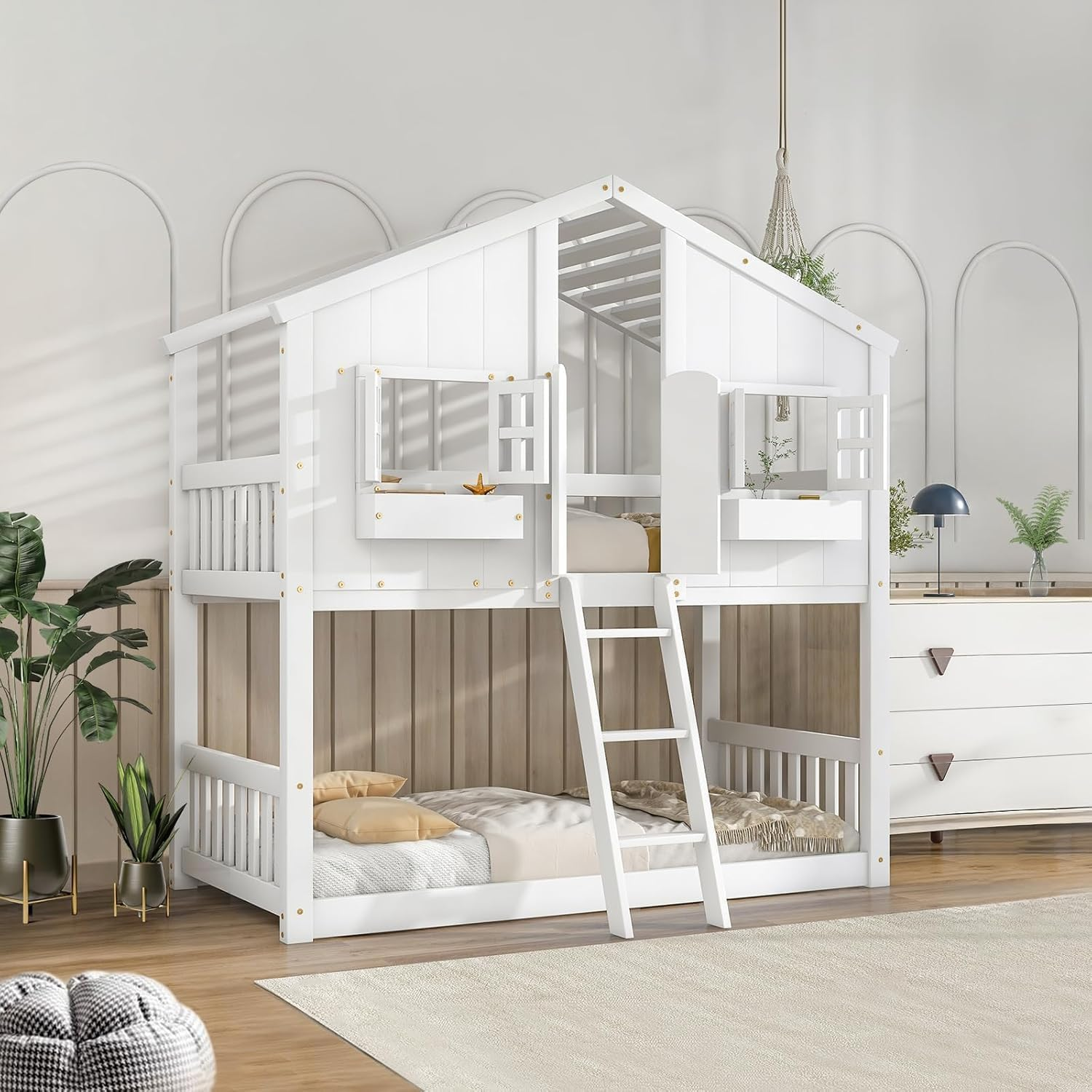 House Bunk Bed Twin over Twin - House Bed Wood Loft Bed for Kids, Girls, Boys, with Stairs, Windows Storage, Guard Rails, Wood Slat Support, No Box Spring Needed, Easy Assembly, White