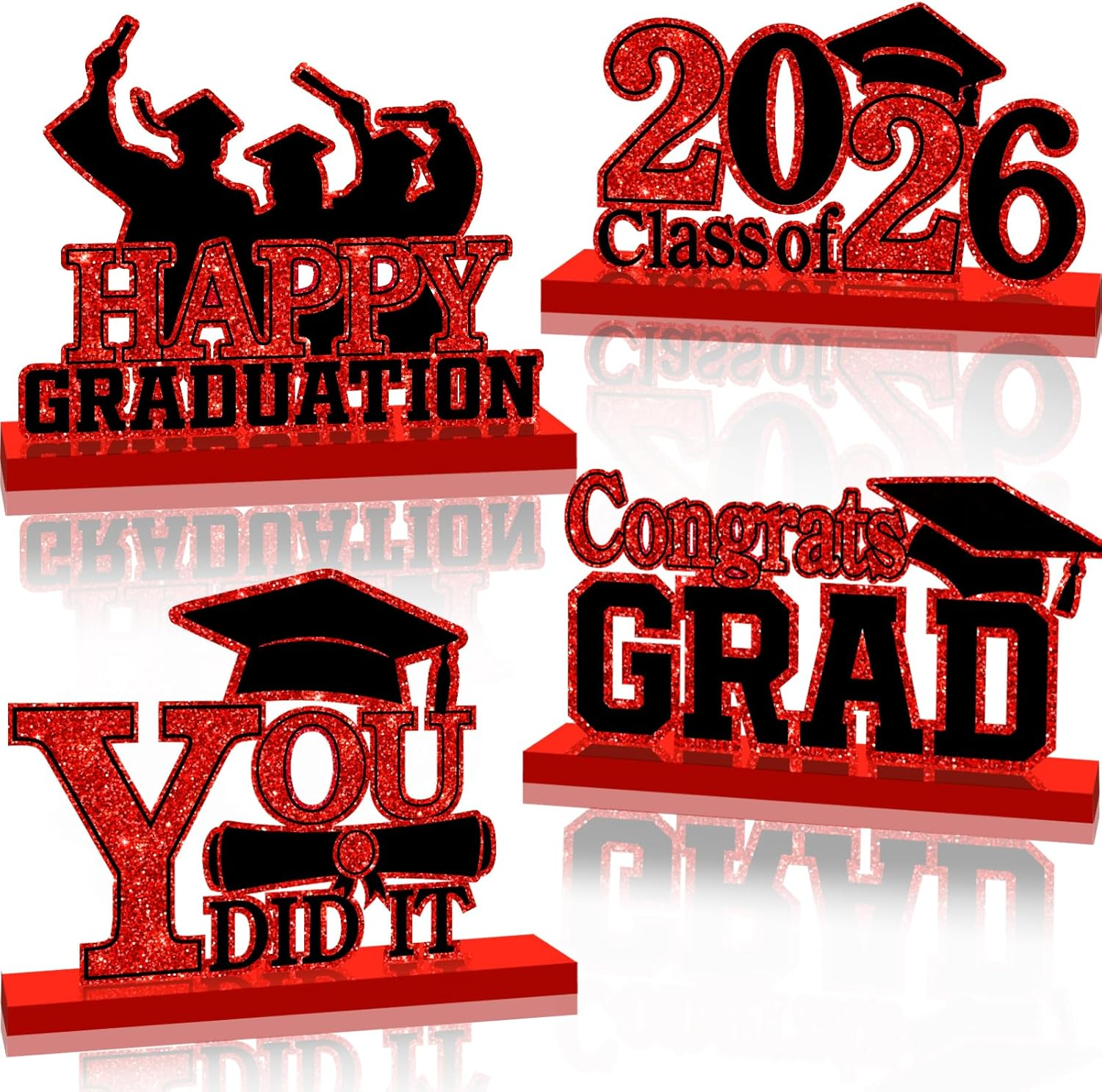 4Pcs Graduation Decorations Class of 2026 Wood Table Centerpieces Congrats Grad Wooden Sign Graduation Table Toppers Congratulate Tiered Tray Decor for 2026 Graduation Party(Red-Black)