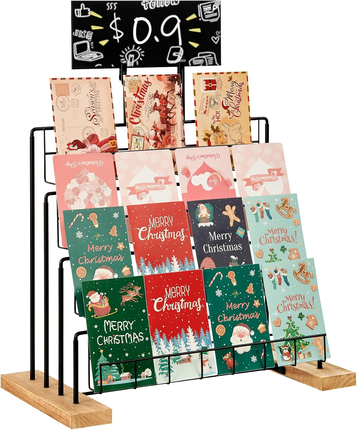 4-Tier Greeting Card Display Stand for Retail, Metal & Wood, Black