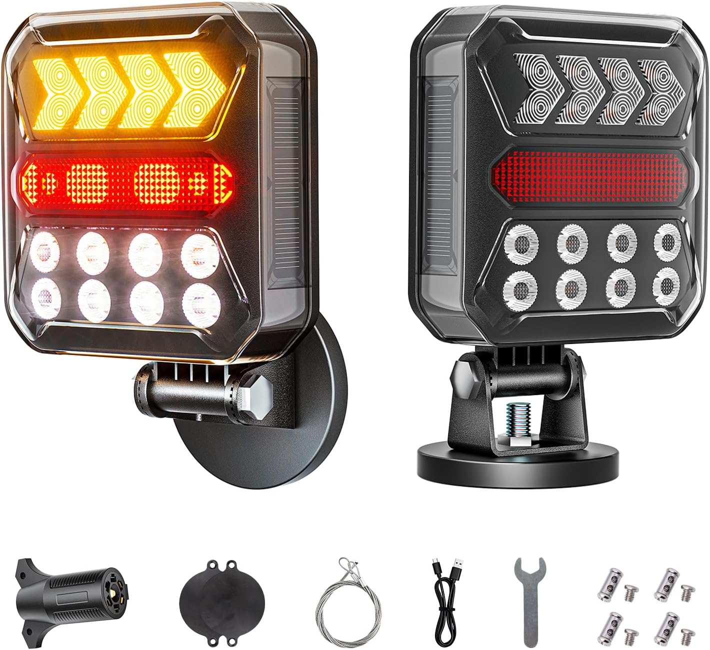 Solar Wireless Trailer Lights – Turn/Brake/Run/Stop/Alert Modes, IPX6 Waterproof, Magnetic LED with Reflectors & USB-C Fast Charging, Rechargeable Kit for Trucks, Boats, RV, Campers