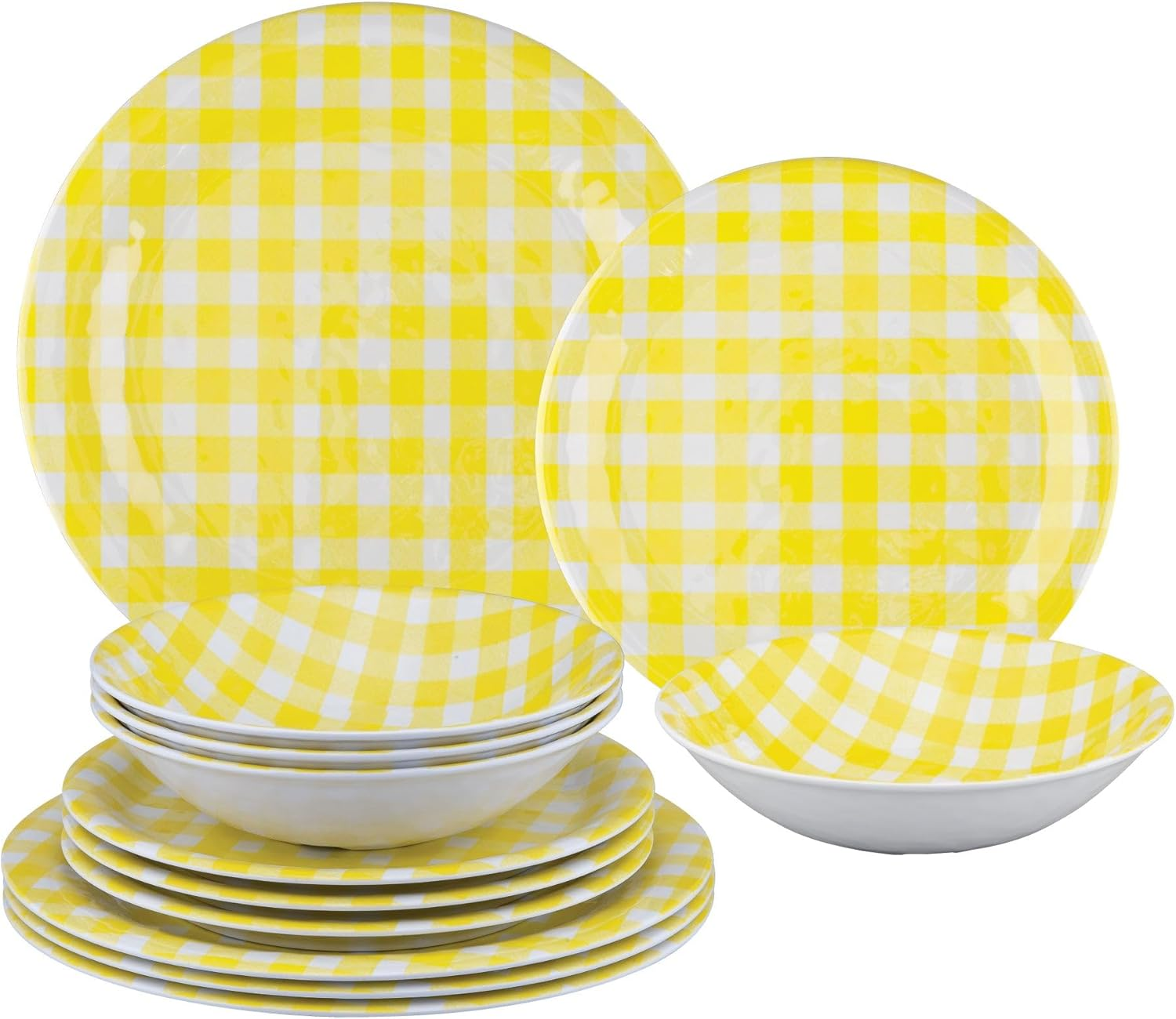 ware 12-Piece Yellow Gingham Melamine Dinnerware Set for 4, Outdoor Use
