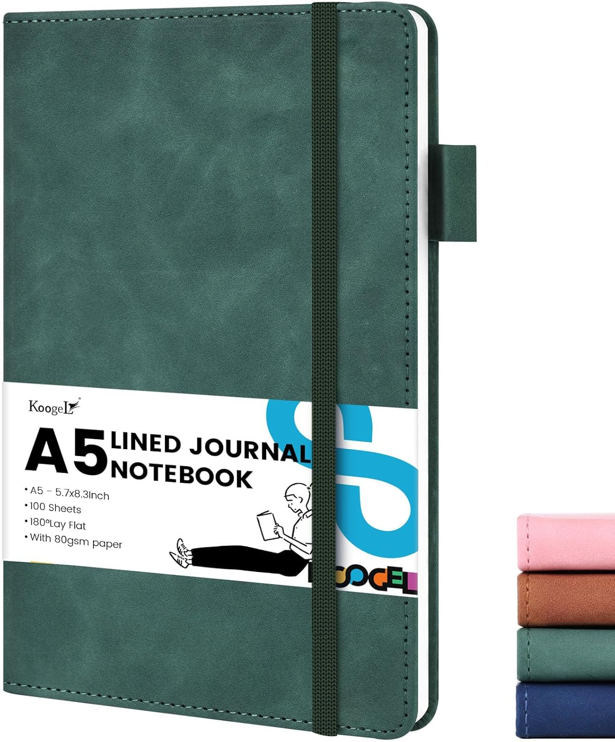 Koogel Hardcover Journal Notebook, A5 College Ruled Notebook Executive Notebook 100 Sheets for Women Gift Office School Travel, Green
