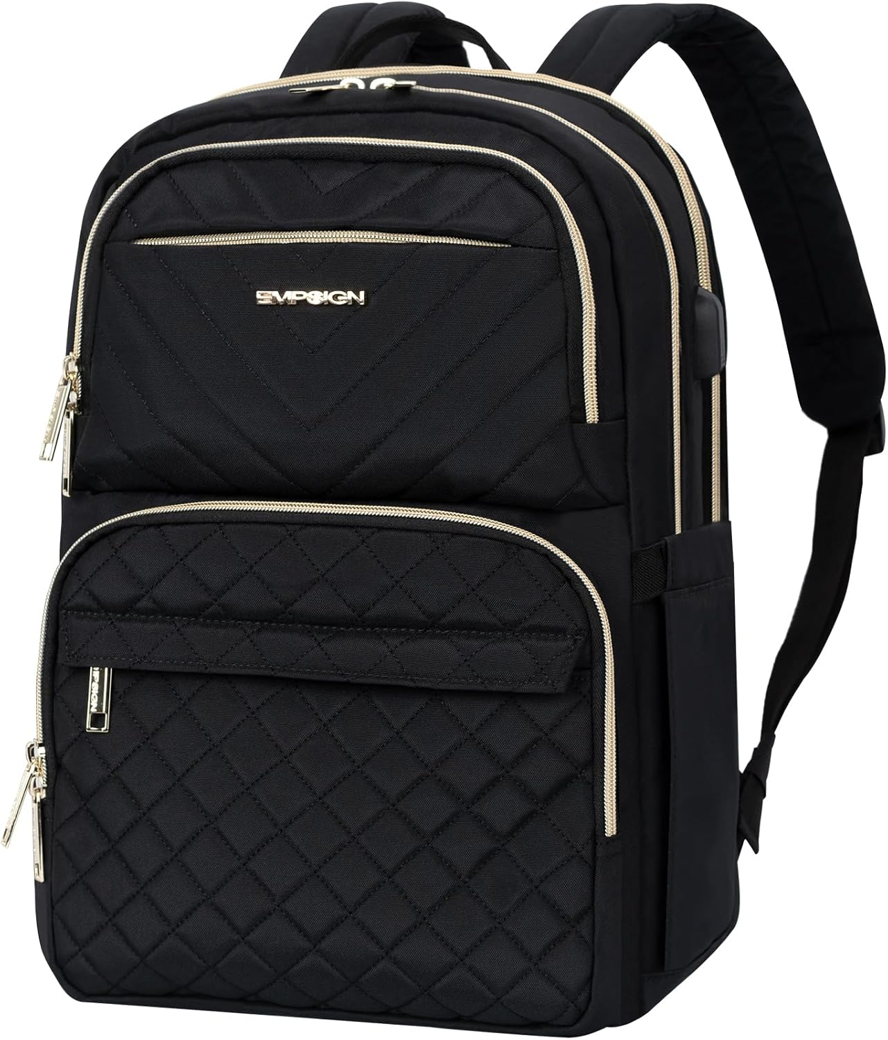Laptop Backpack Purse for Women and Men with USB Charging Port, 15.6 Inch Travel Water Resistant Quilted Backpack, High-Capacity 30L Work Business Computer Backpack, Quilted Black
