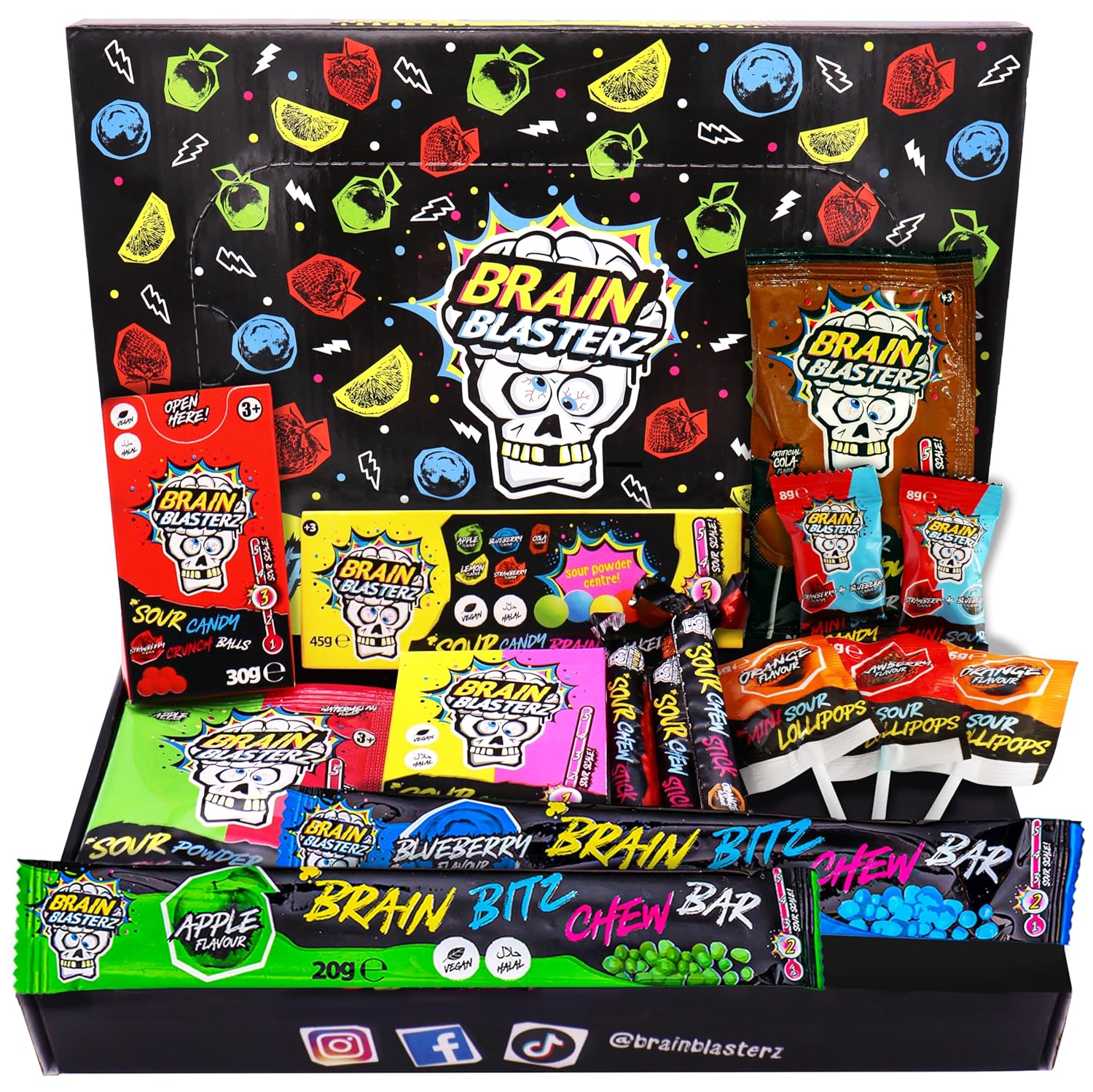 TREAT Sour Candy Variety Pack, Vegan Candy, Sour Chew Bar, Halal Candy, Sour Candy Gift Box W/ 15 Pcs (13Oz), Unique Candy Variety Pack, Lollipop, Sour Powder, Taffy, Halloween Candy