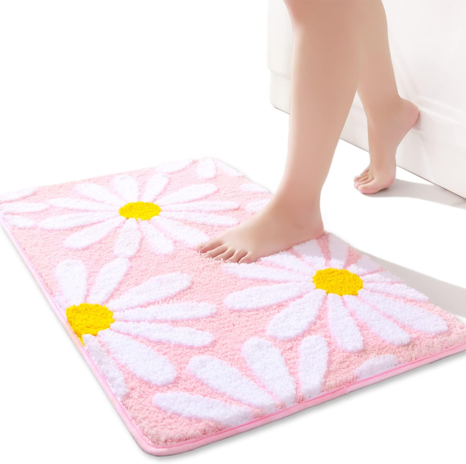 Pink Bathroom Rugs Daisy Bath Mat Non-Slip Microfiber Washable 16x24
