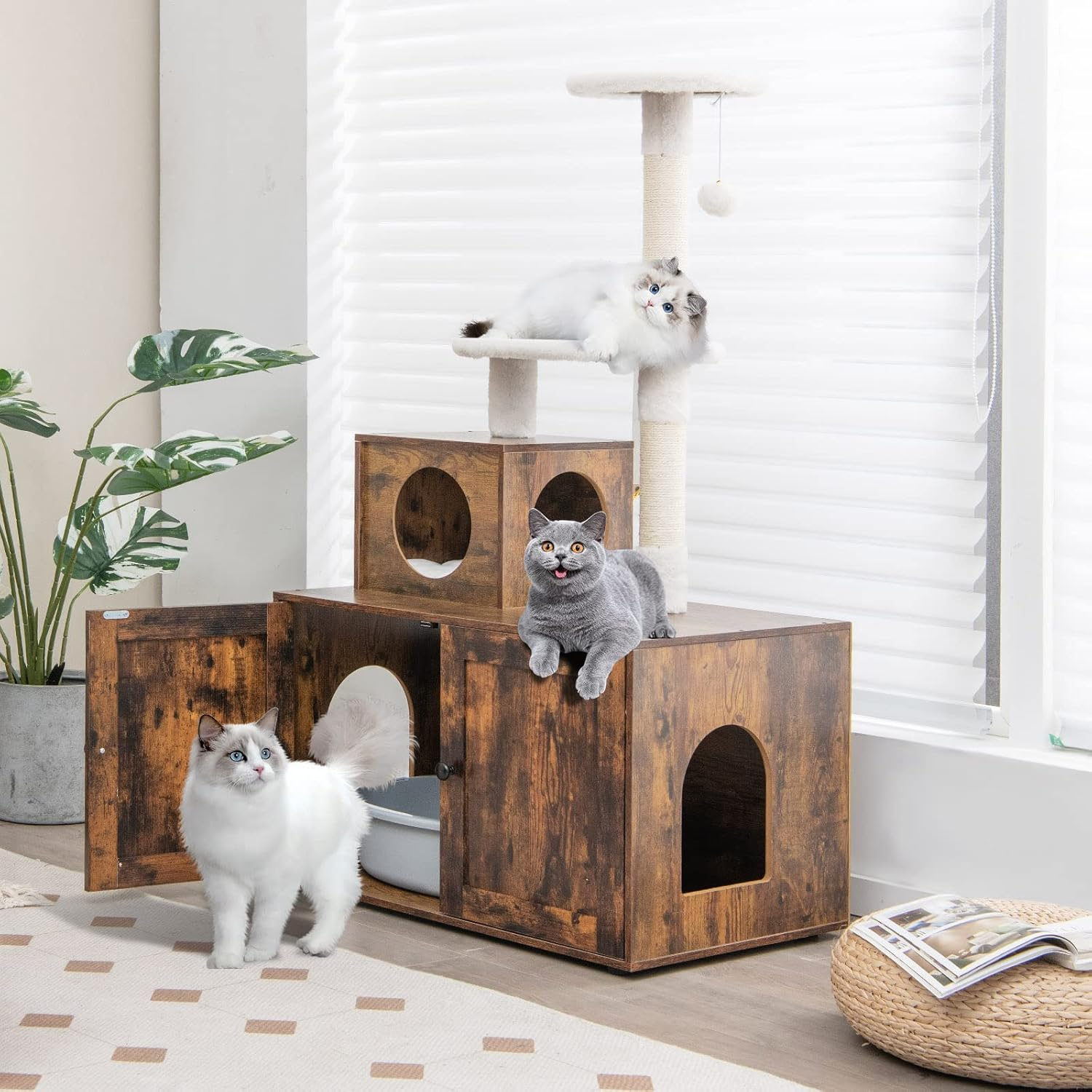 Costway Cat Tree with Litter Box Enclosure, 2-in-1 Modern Cat Tower with Cat ... - Picture 4 of 14