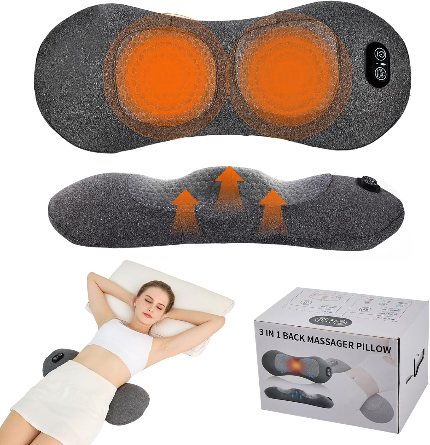3-In-1 Triple Fusion Back Massager, Electric Lumbar Support Pillow with Smart Air Lift Traction, Heat & Vibration Massage for Lower Back Pain Relief, Back Pain Relief Devices for Home Office Car Bed