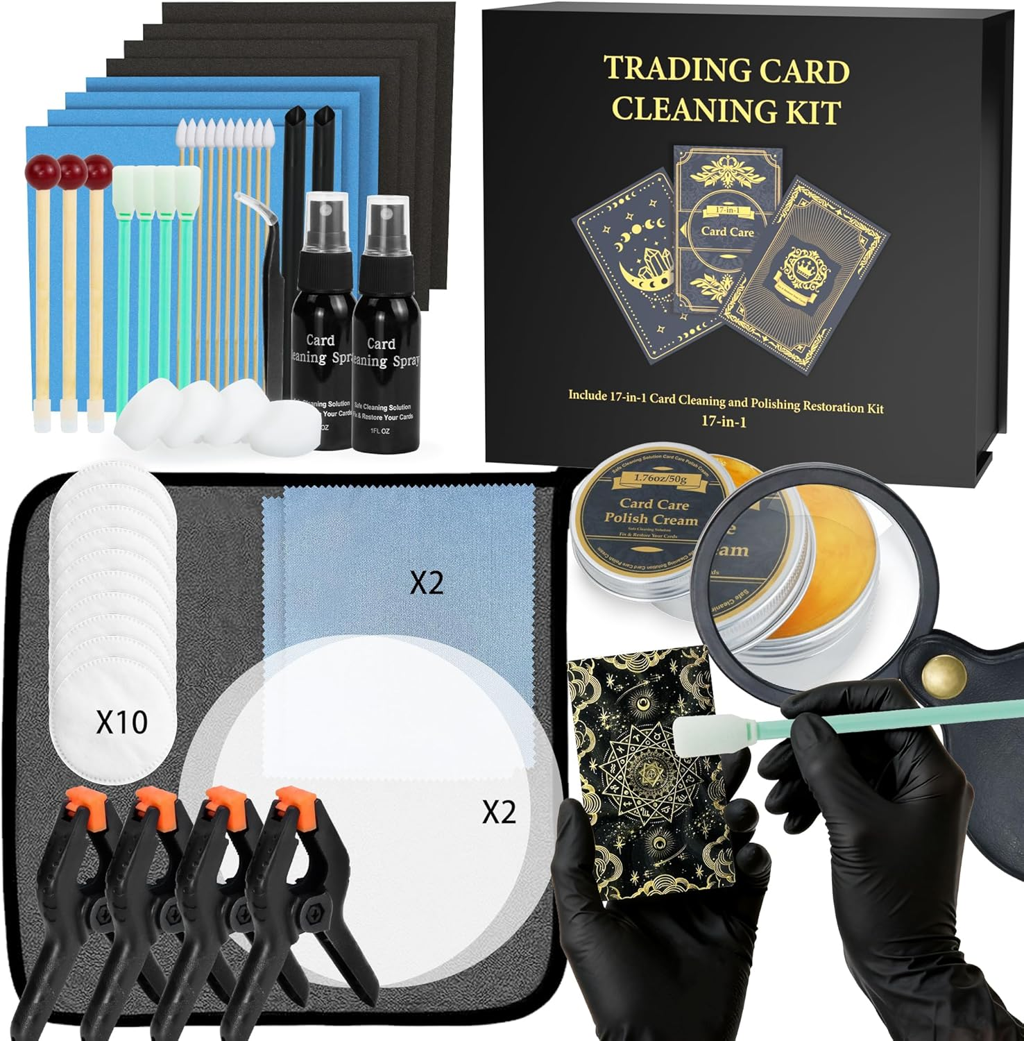 Card Care Clean Kit,17-In-1 Card Cleaning and Polishing Restoration Kit, Trading Card Cleaning Box with Cleaning Spray and Balck Nitrile Gloves, Suitable for Surface Card Care&Flatten Edges, 7.2″