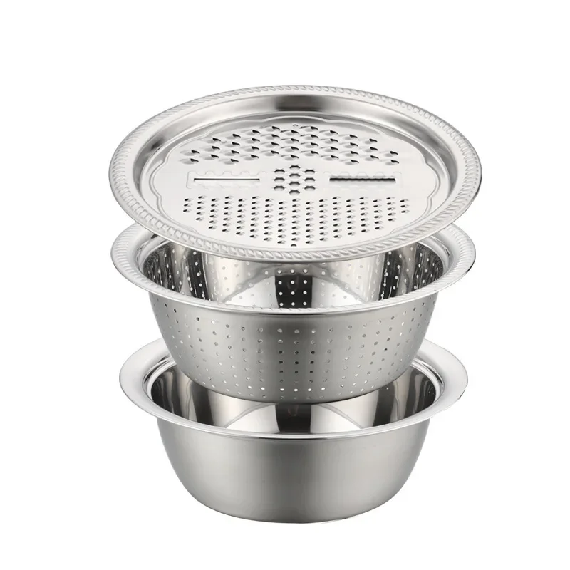 3-in-1 Stainless Steel Salad Maker Bowl – Strainer, Grater & Slicer in One