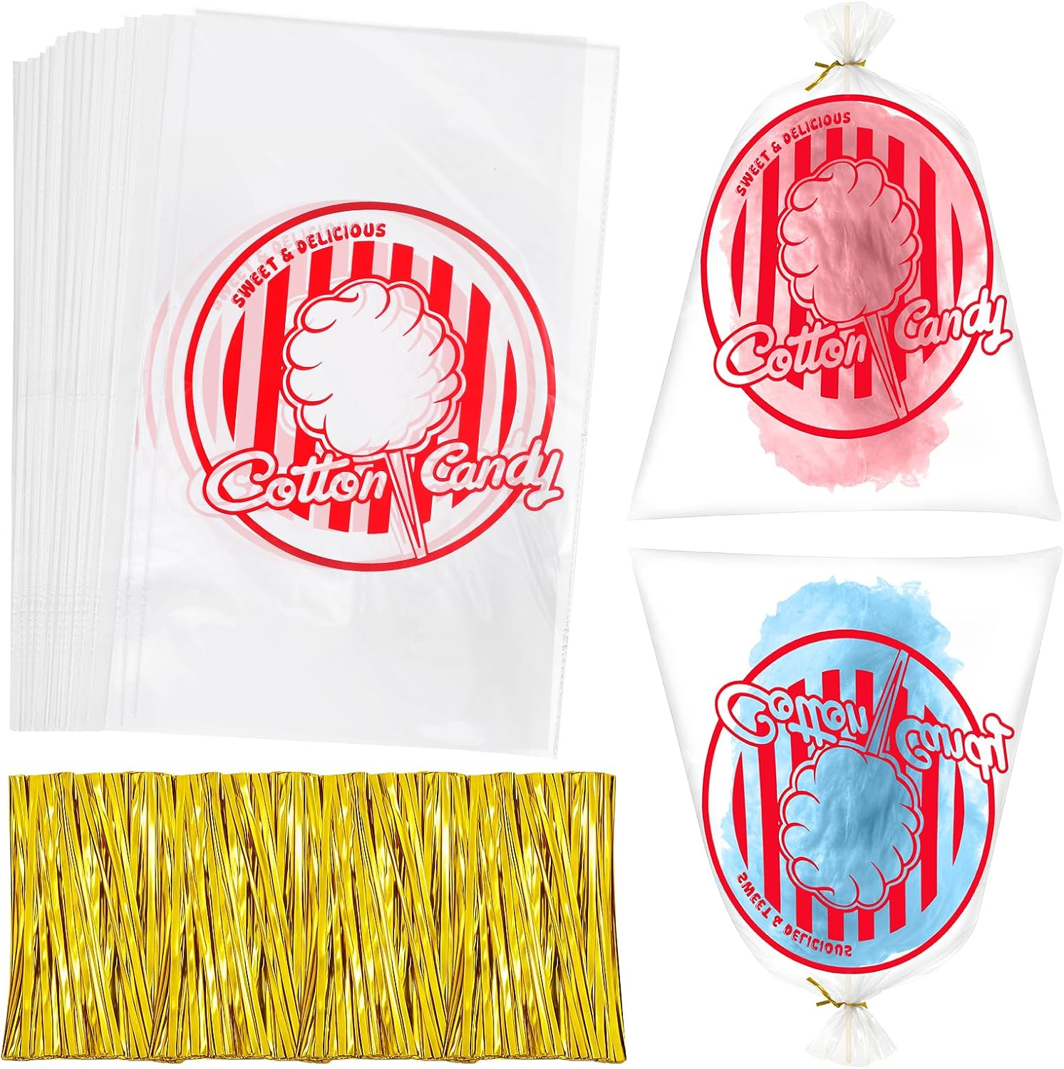 120PCS Cotton Candy Bags with Ties 11.8 X 17.7 Inch Clear Cotton Candy Bags with Print for Carnivals Party Candy Sticks and Cones