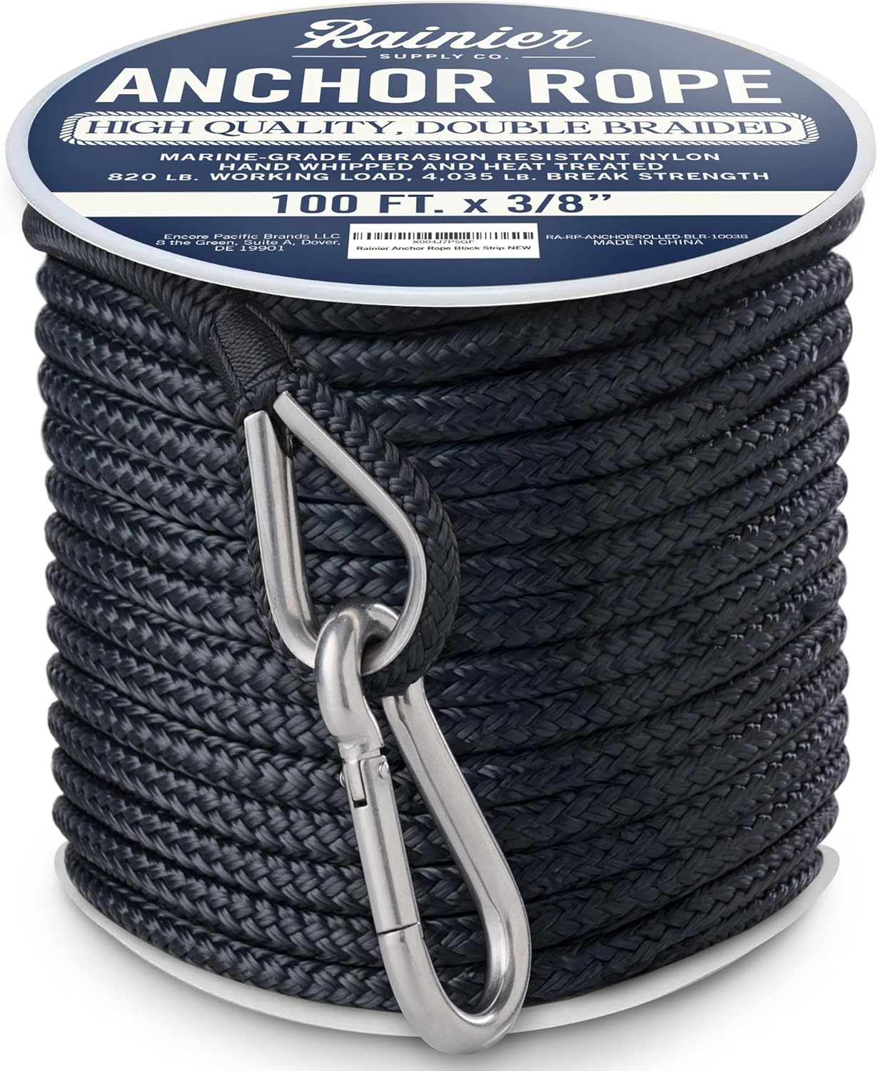 Rainiersupplyco Boat Anchor Rope - Double Braided Marine Rope Anchor Line - 100/150 / 200/300 Ft Nylon Boating Line with 316 Stainless Steel Thimble and Heavy Duty Marine Grade Snap Hook