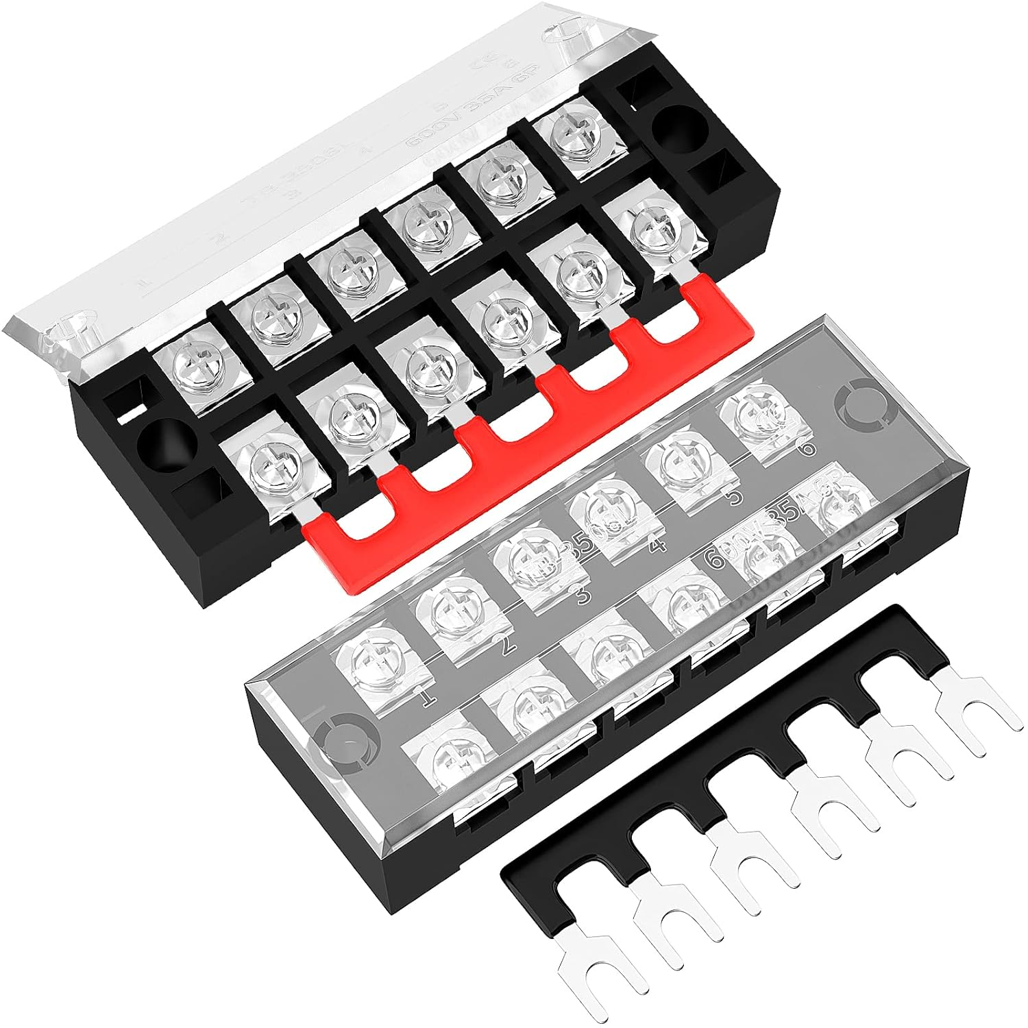 35A Terminal Block 6 Position Screw Terminal Strip Dual Row with Cover & 6 Position Pre-Insulated Terminal Jumper Block - 2 Pack
