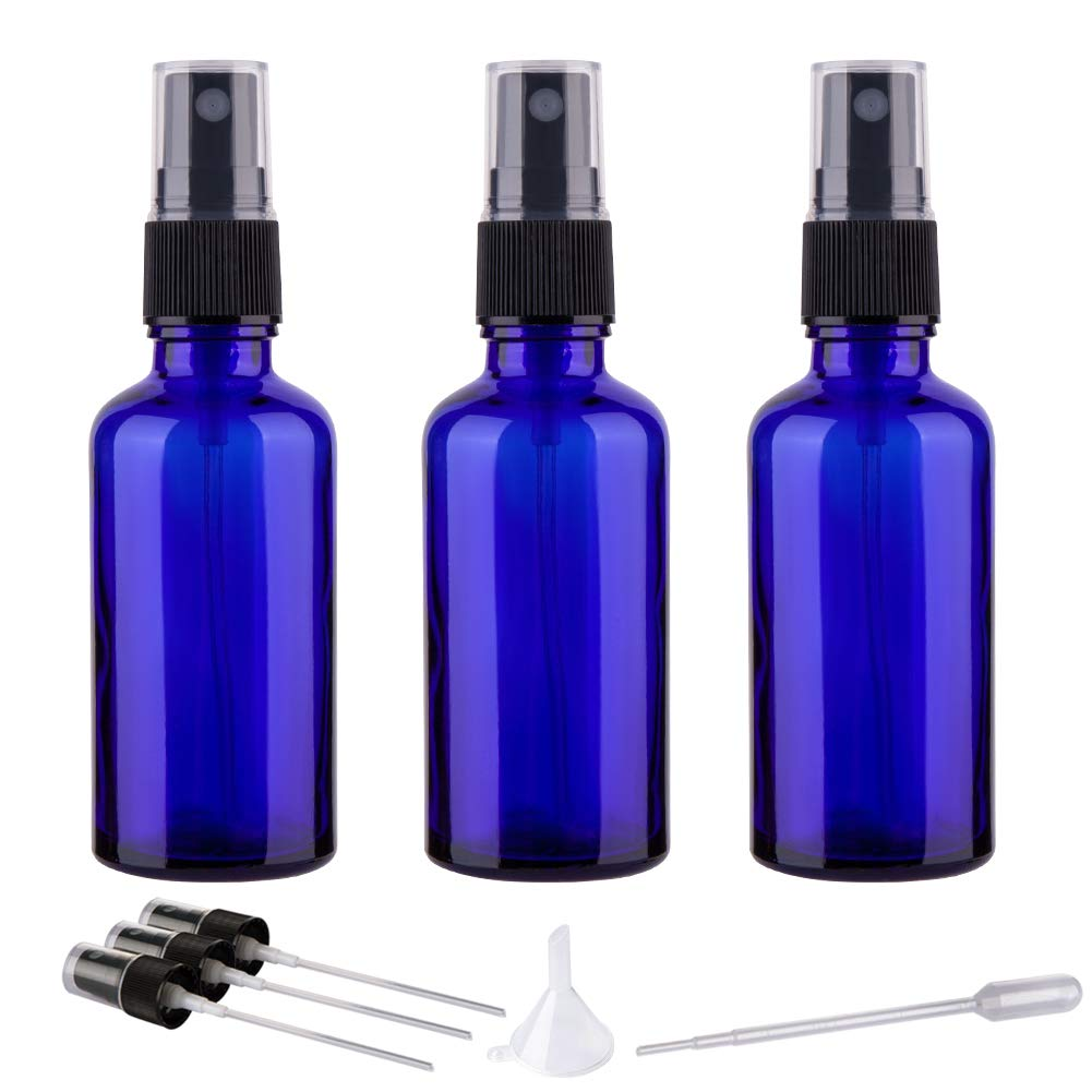 3 Pack Botellas de Vidrio Azul con Atomizador de 2oz para Aceites Esenciales