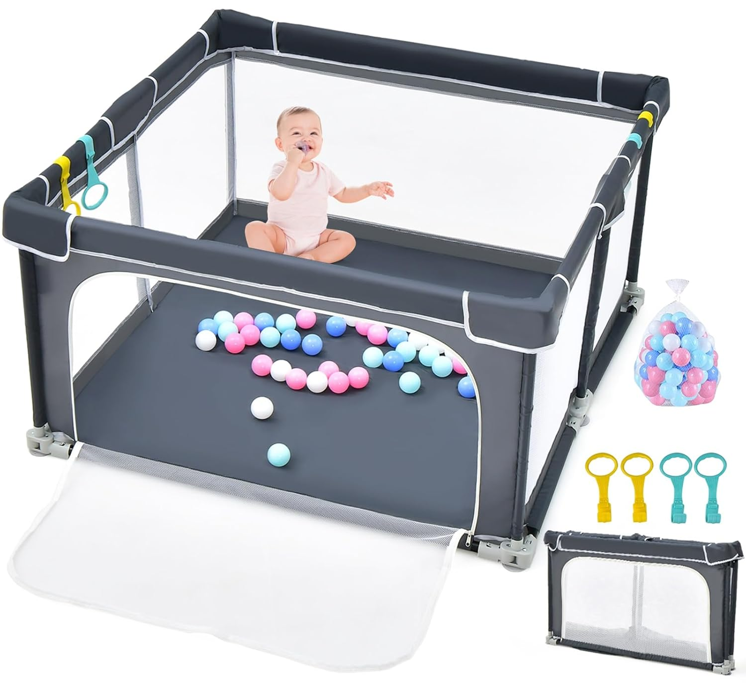 Baby Playpen Foldable, 50’’X50’’Large Playard for Toddlers with Gate, Soft Visible Mesh, Indoor Outdoor Kids Activity Center Baby Fence with 4 Handlers 50 Ocean Balls (Black)