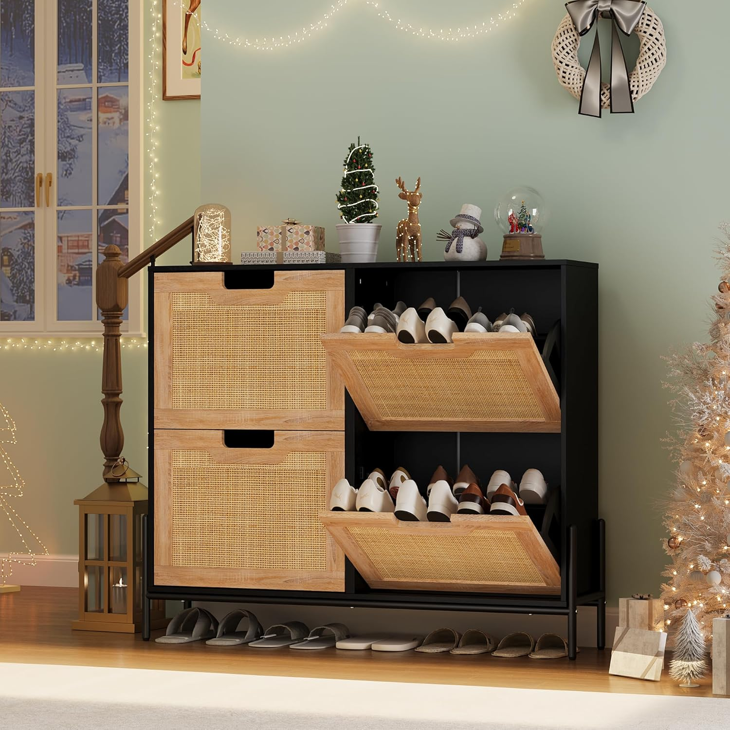 Natural Rattan 4 Flip Door Shoe Cabinet Organizer Freestanding, Shoe Rack Storage Cabinet with 3-Tier Adjustable Shelves for Entryway, Entrance Hallway, Black